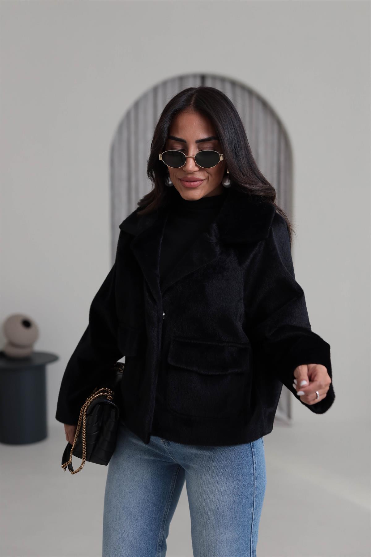 2731 Çıtçıtlı Cep Detaylı Alpaka Mont SİYAH