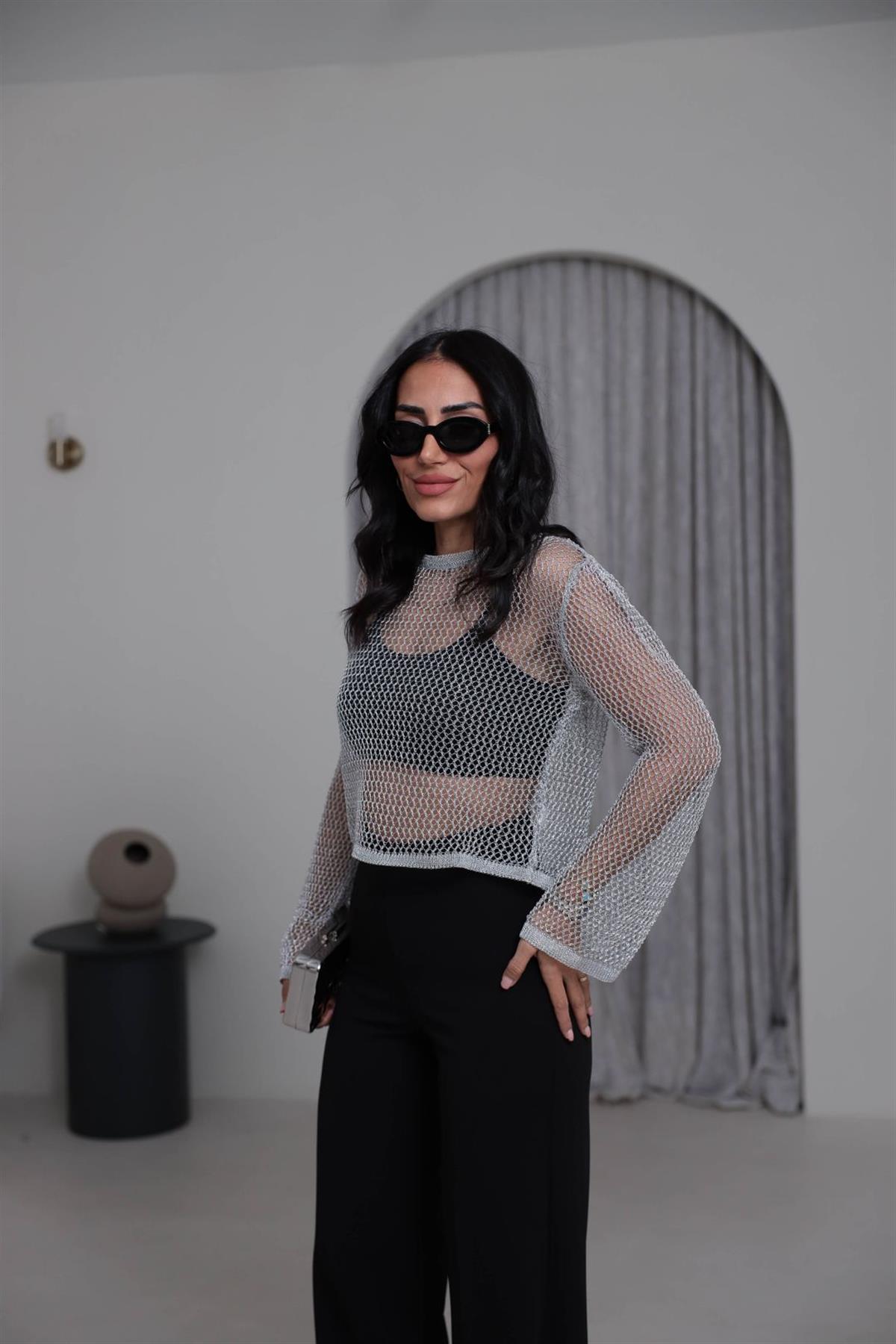 4404 Parlak Simli Ajurlu Kısa Triko GÜMÜŞ