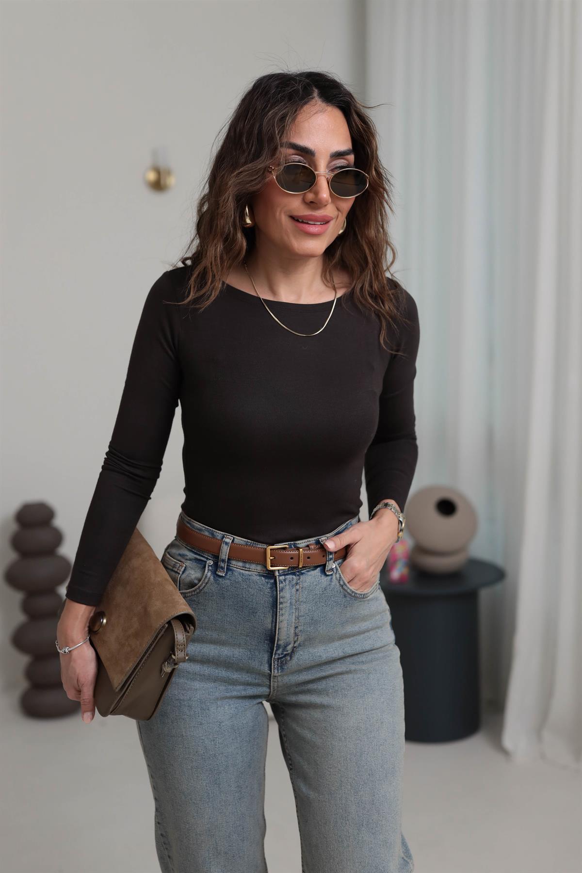 1025 Geniş Yaka Modal Bluz ACI KAHVE