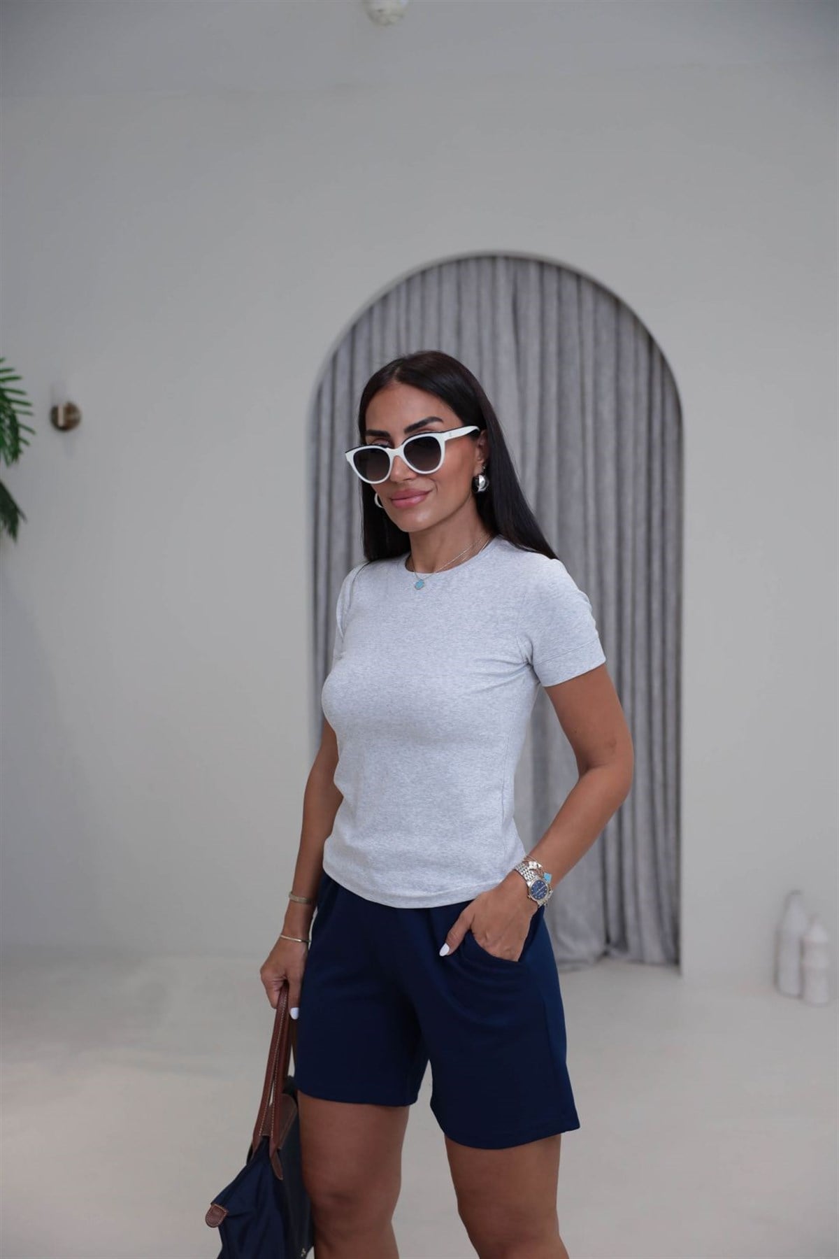 2637 Kol Ribanalı Bisiklet Yaka Tshirt GRİ