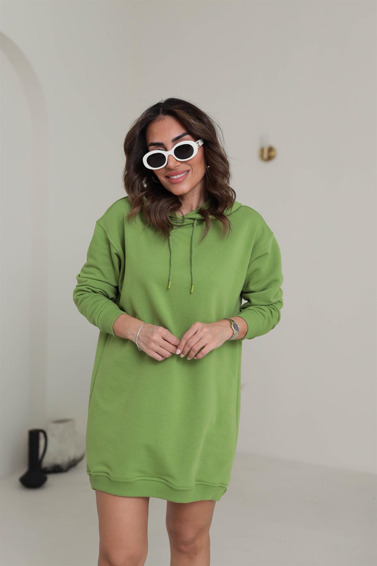 1231 Kapşonlu Sweat Elbise FISTIK YEŞİLİ