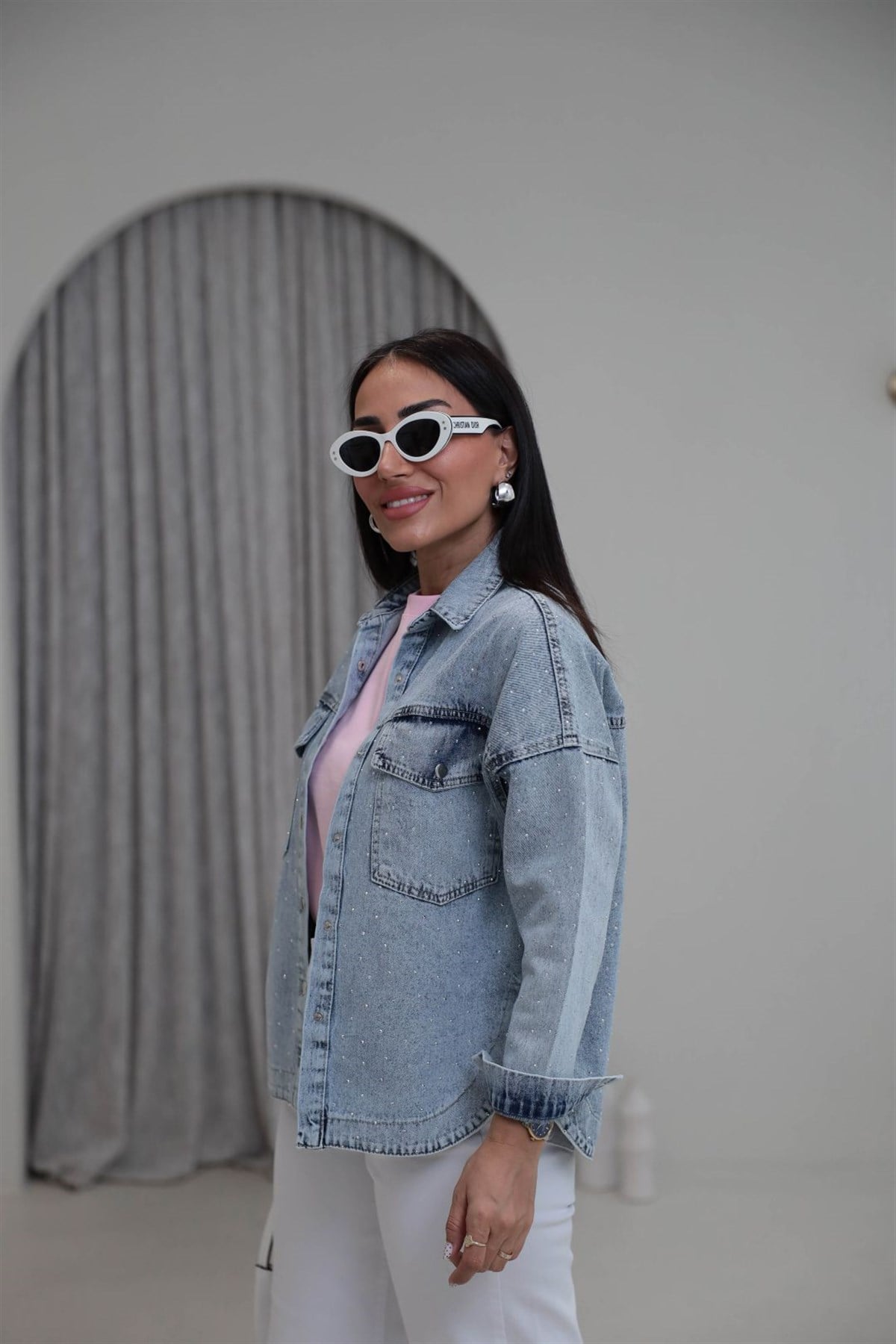 3406 Yıkamalı Serpme Taşlı Gömlek Ceket AÇIK MAVİ