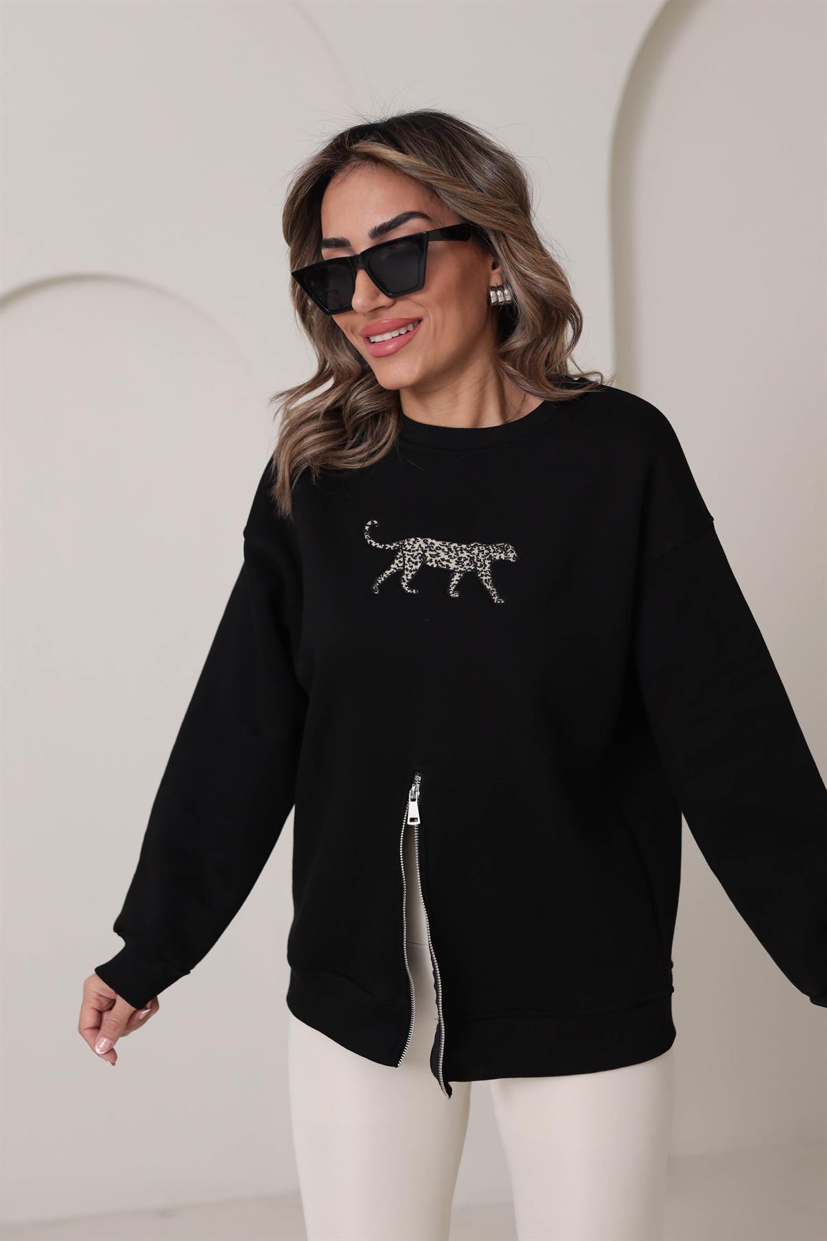 5617 Leopar Nakış Yarım Fermuarlı Şardonlu Sweatshirt SİYAH