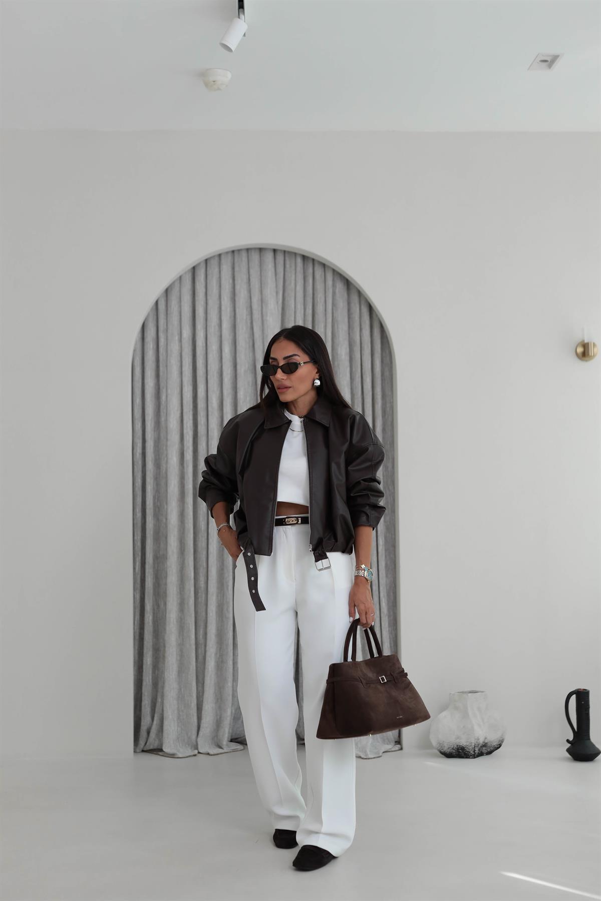 1024 Pile Detaylı Kumaş Pantolon EKRU