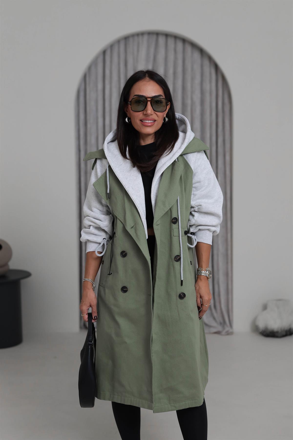 0534 Kolları Kalın Penye Garnili Trençkot HAKİ YEŞİL