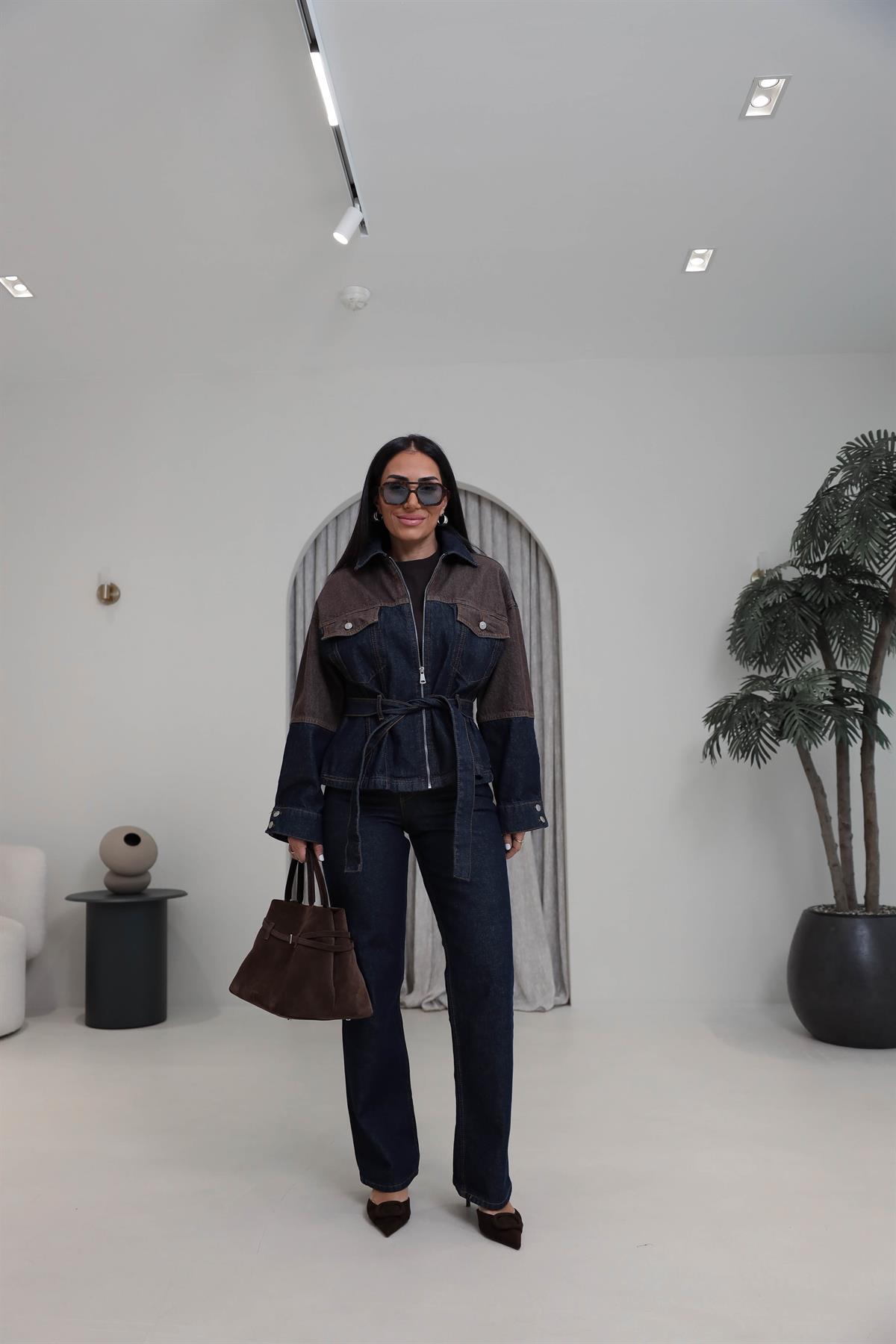 0836 Çift Renkli Tasarım Denim Takım LACİ-KAHVE