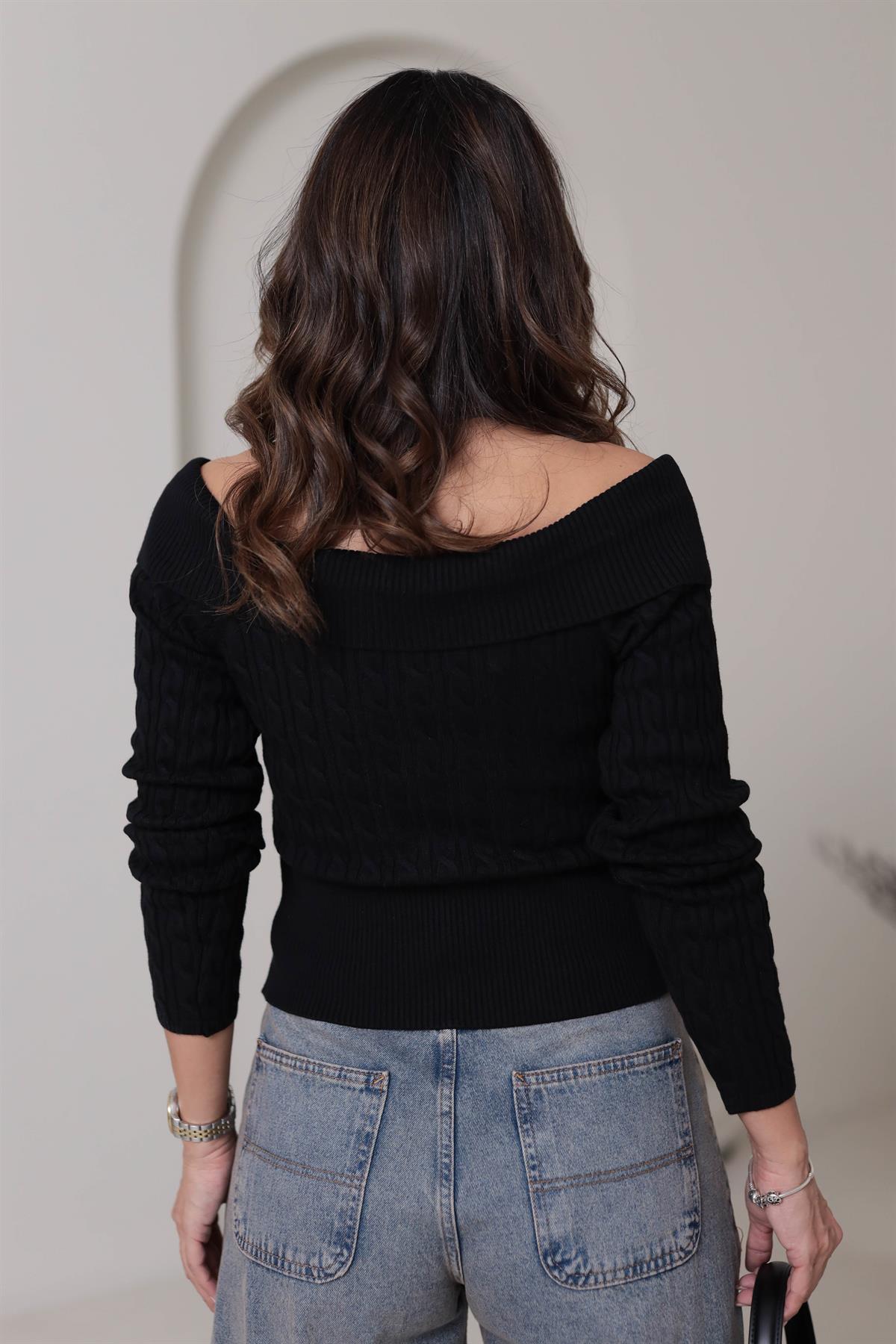 581 Örgü Detay Fermuarlı Yaka Detay Triko Hırka SİYAH