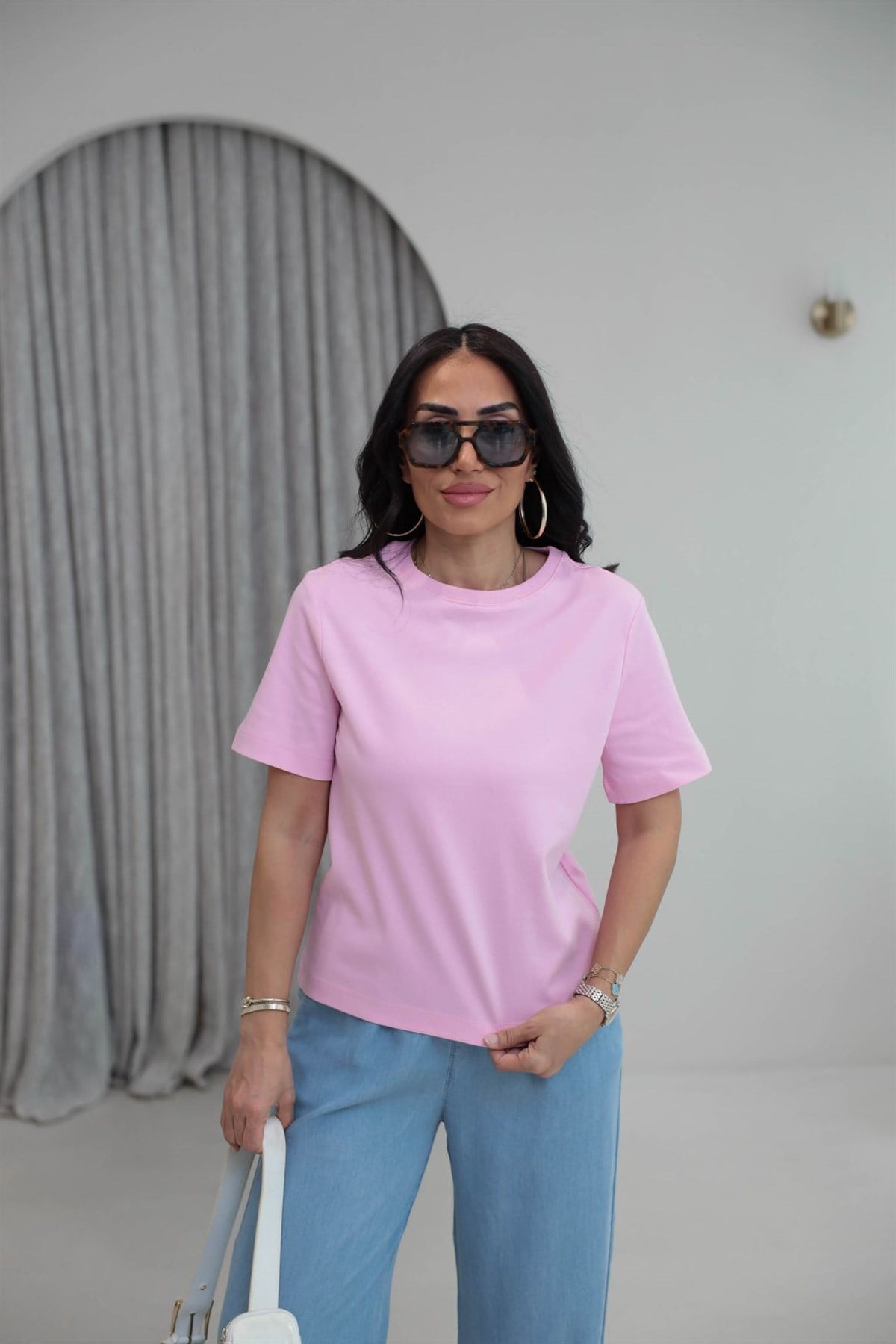 6074 Bisiklet Yaka Pamuklu Basic Tshirt PEMBE