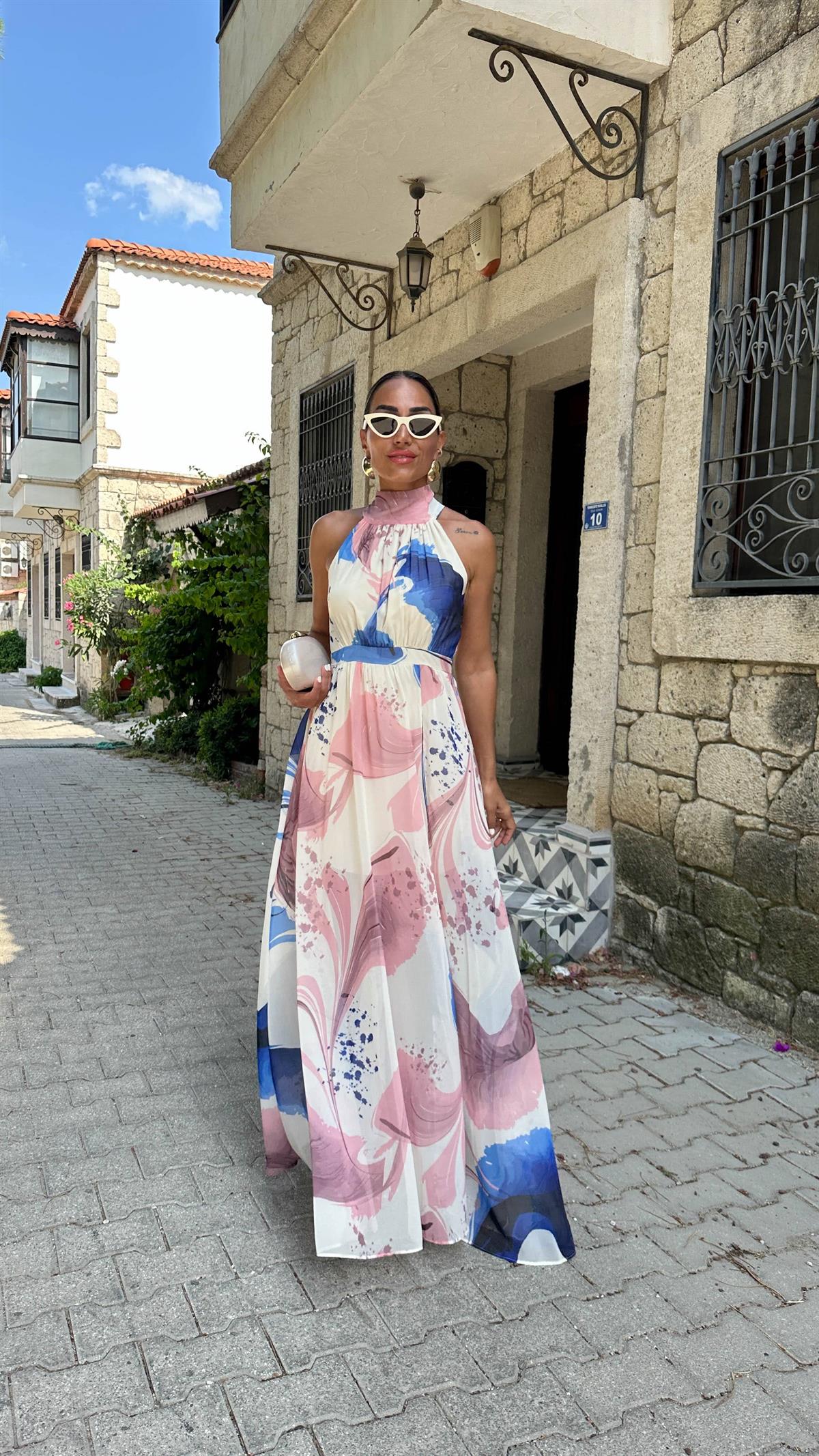 3242 Halter Yaka Desenli Elbise