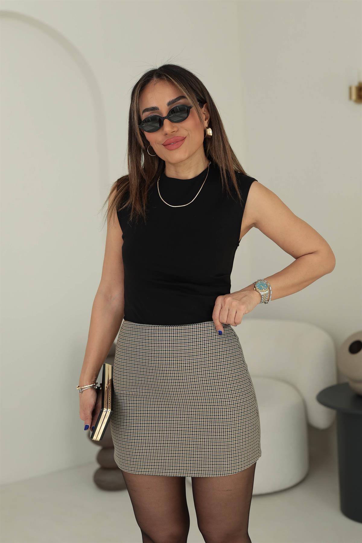 Kazayağı Desenli Etek BEJ-KAHVE