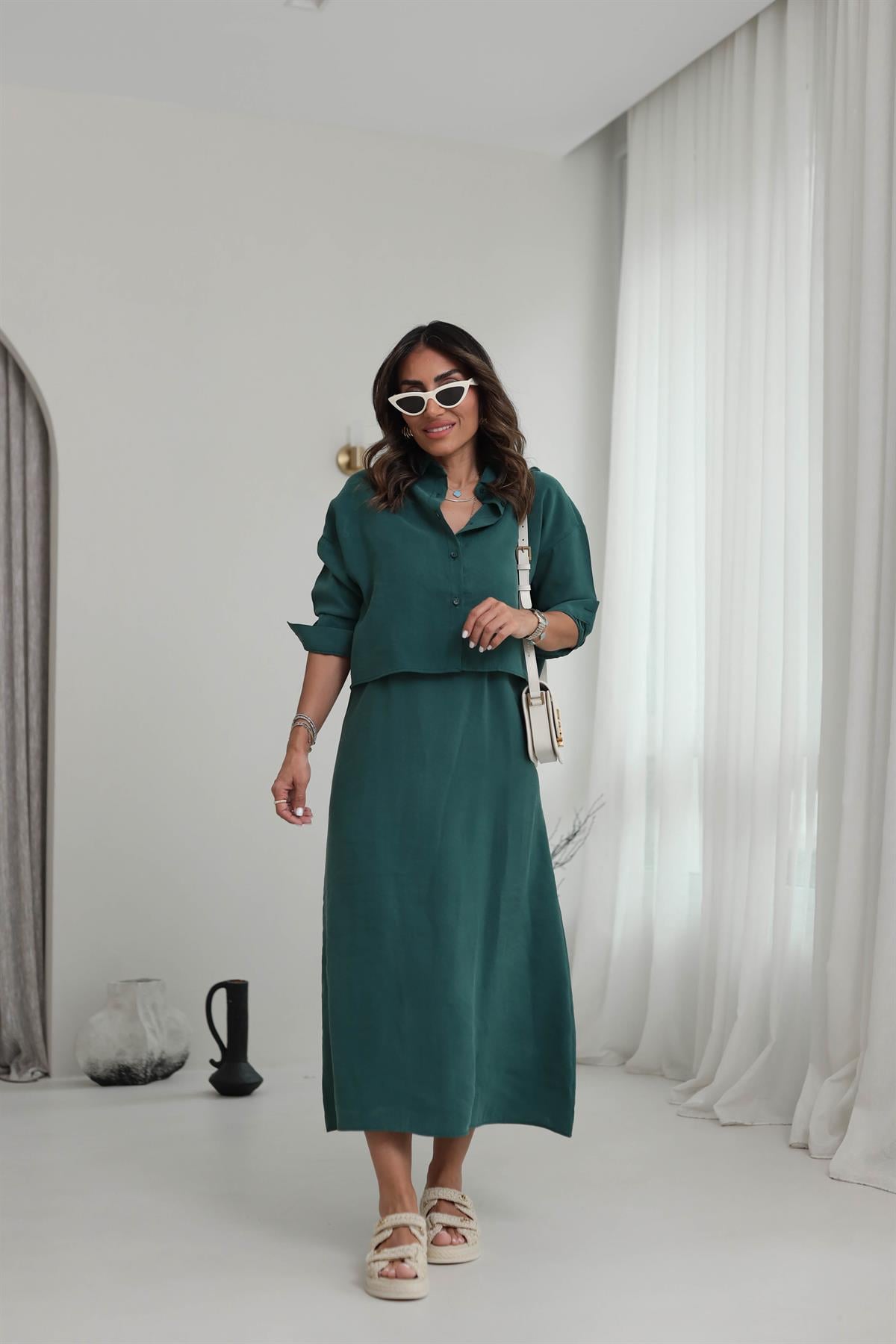 1153 Tencel Gömlek & Elbise Takım KOYU YEŞİL