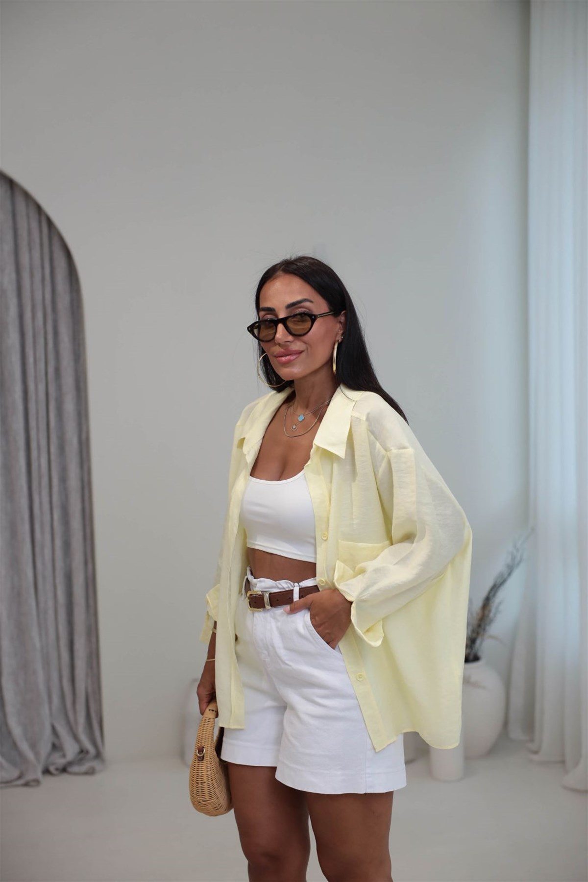 4612Y Tencel Omzu Düşük Oversize Gömlek SARI