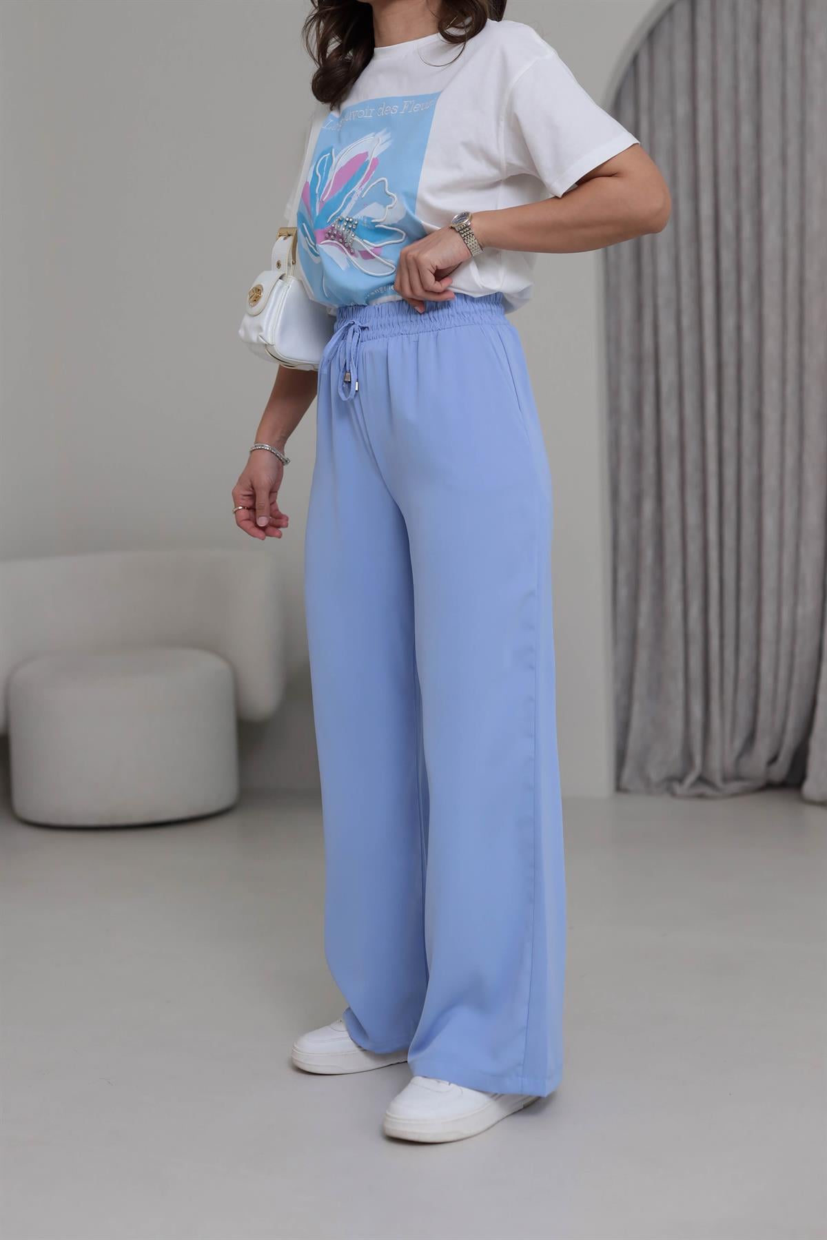 0858 Bel Lastikli Döküm Palazzo Pantolon BEBE MAVİ