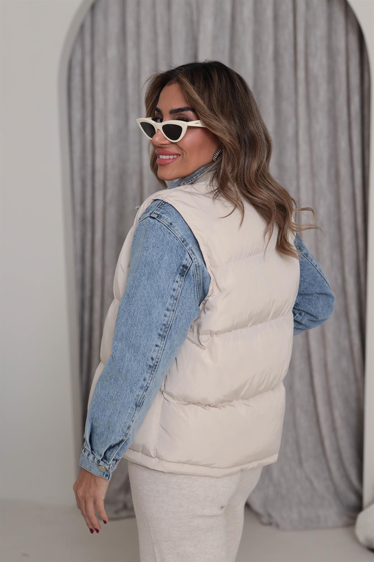 9423 Şişme Yelek Tasarımlı Kot Detaylı Mont TAŞ