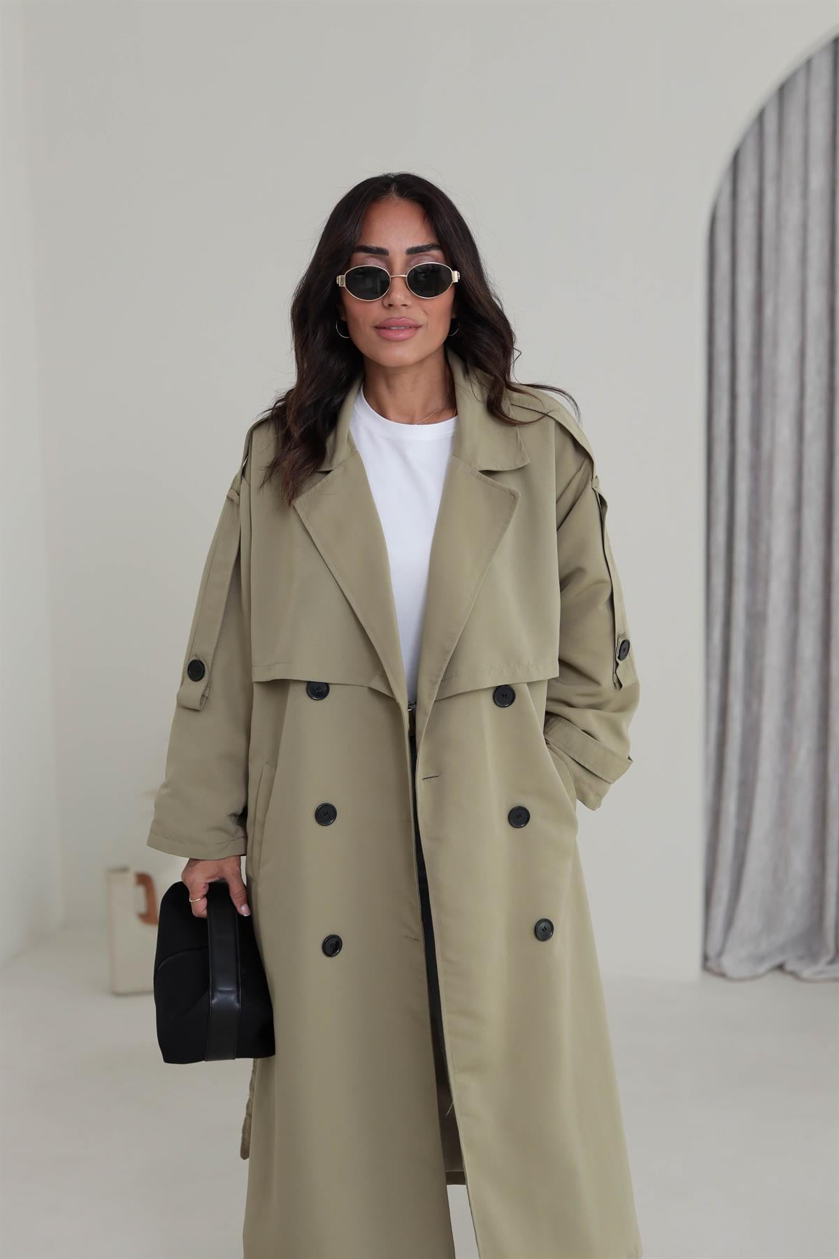 2020 Apoletli Kuşaklı Uzun Trençkot HAKİ YEŞİL