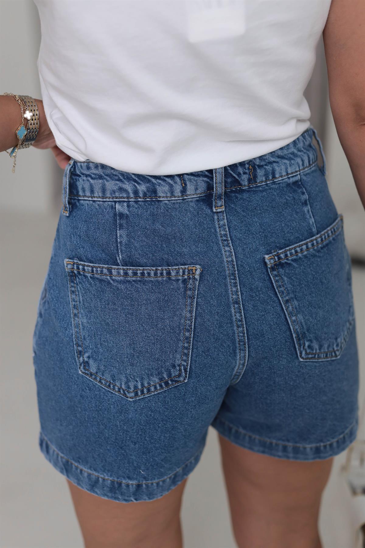 2000 Yan Cepli Pilelii Kot Şort KOYU MAVİ