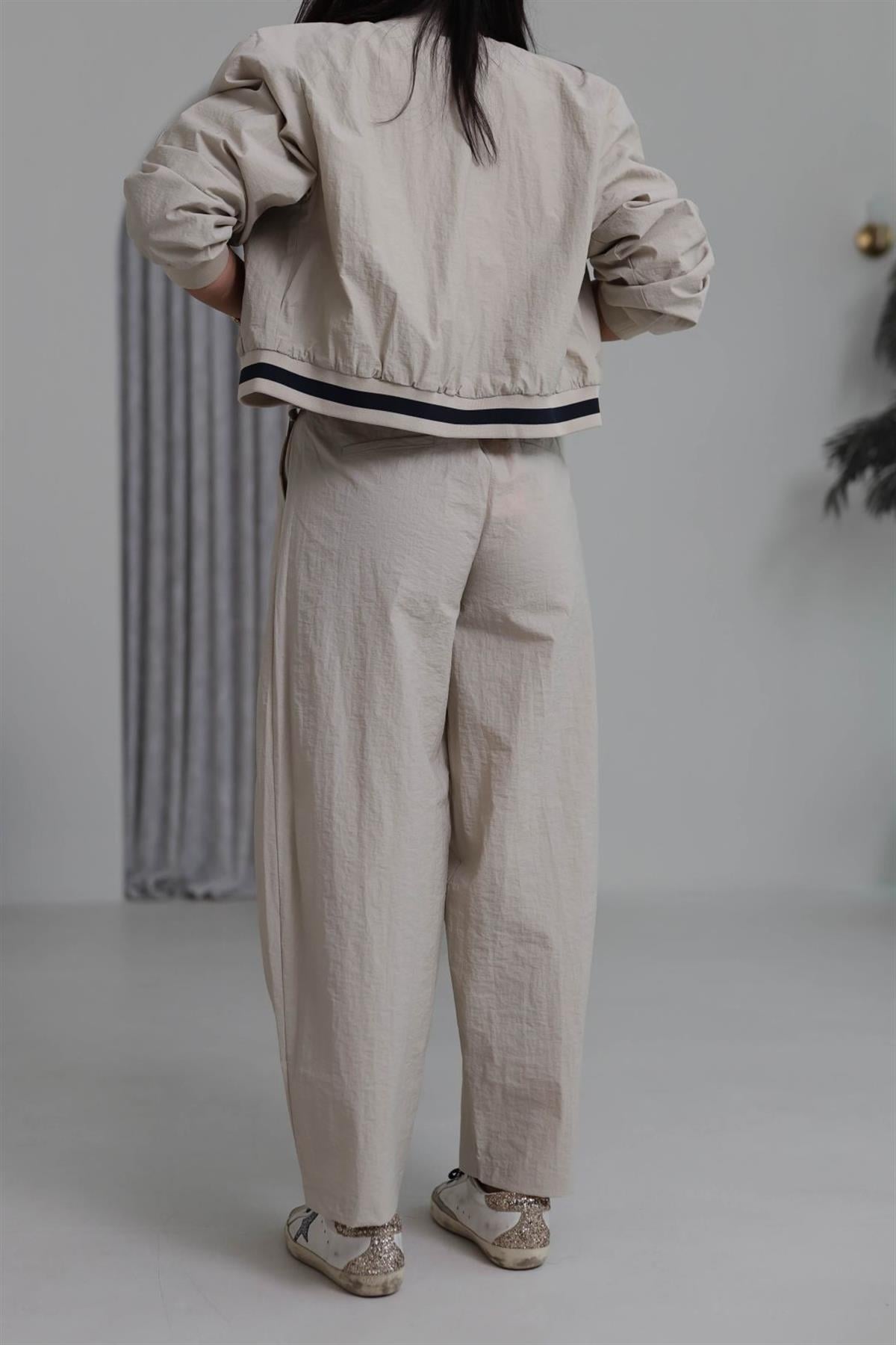 0766 Bel Ribanalı Paraşüt Kumaş Pantolon BEJ