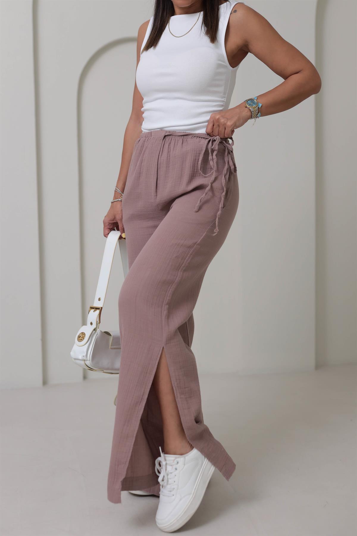 8028 Paça Yırtmaçlı Müslin Pantolon GÜL KURUSU