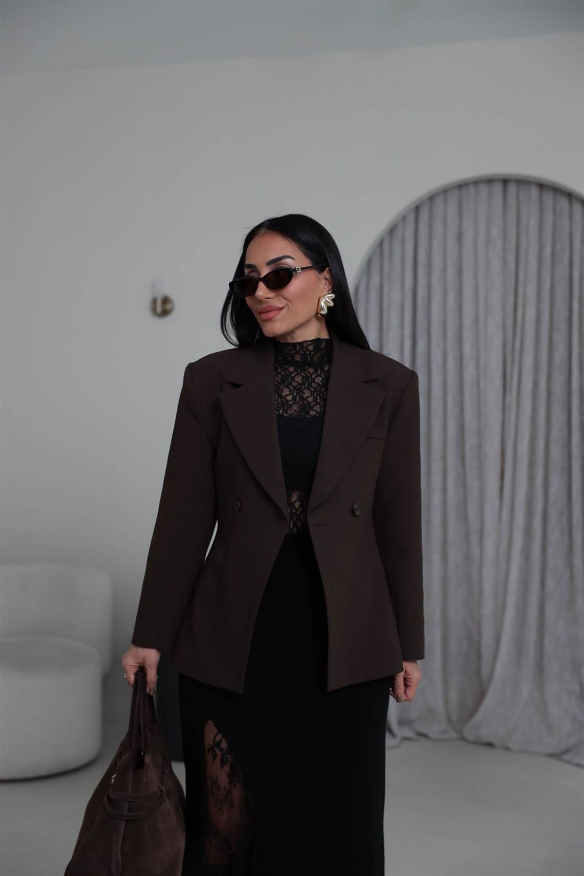 7685 Kruvaze Belden Oturtmalı Blazer Ceket KAHVE