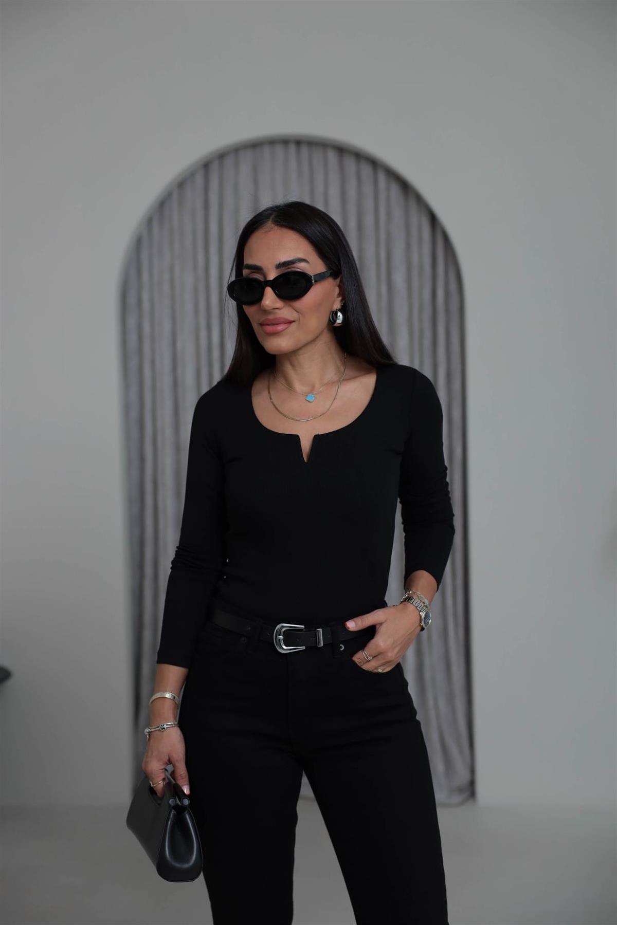 2260K Damla Yaka Pamuklu Bluz SİYAH