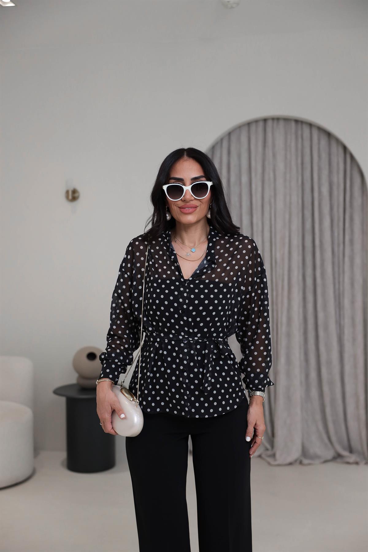 4130 Fular Detay Puantiyeli Şifon Gömlek SİYAH