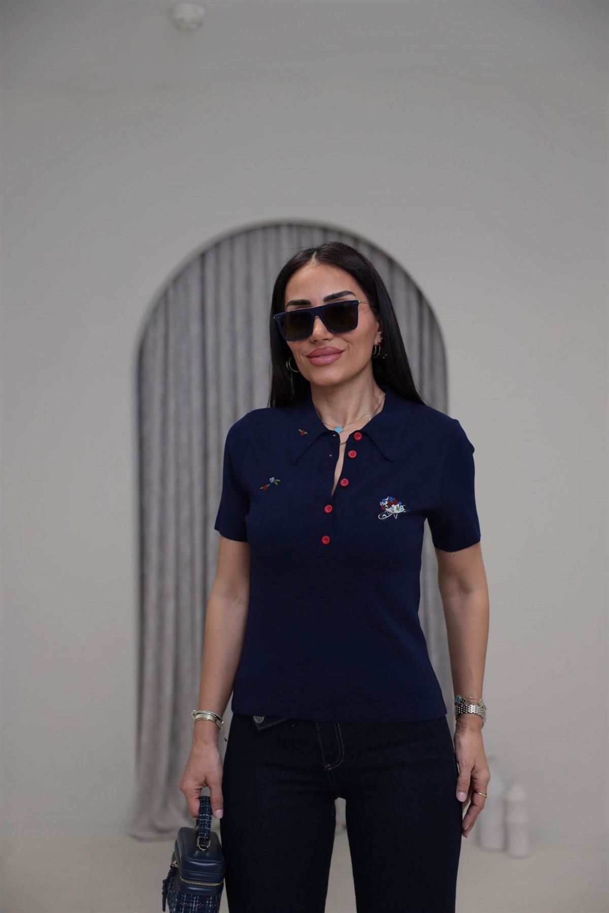 0615 Çiçek Nakış Detay Polo Yaka Kısa Kol Triko LACİVERT