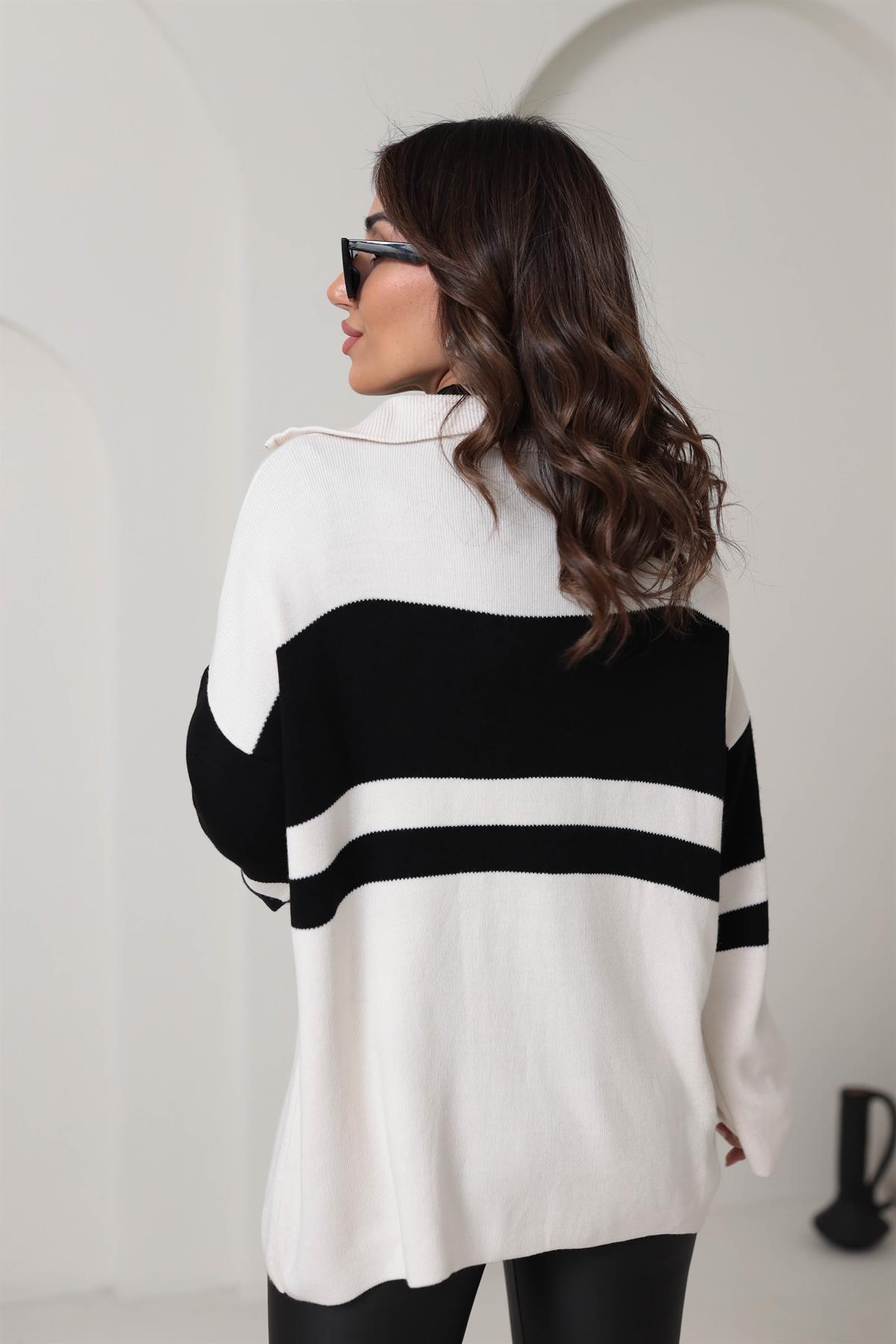0011 Büyük Çizgili Fermuarlı Tunik Kazak KREM-SİYAH