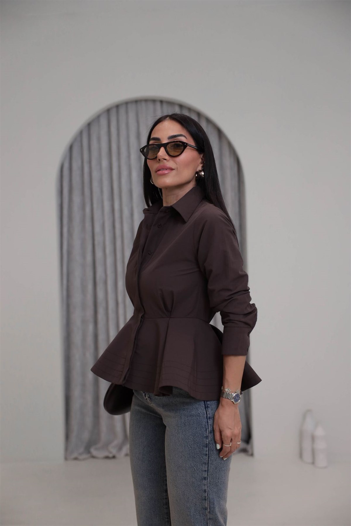 3250 İçi Telalı Peplum Gömlek KAHVE