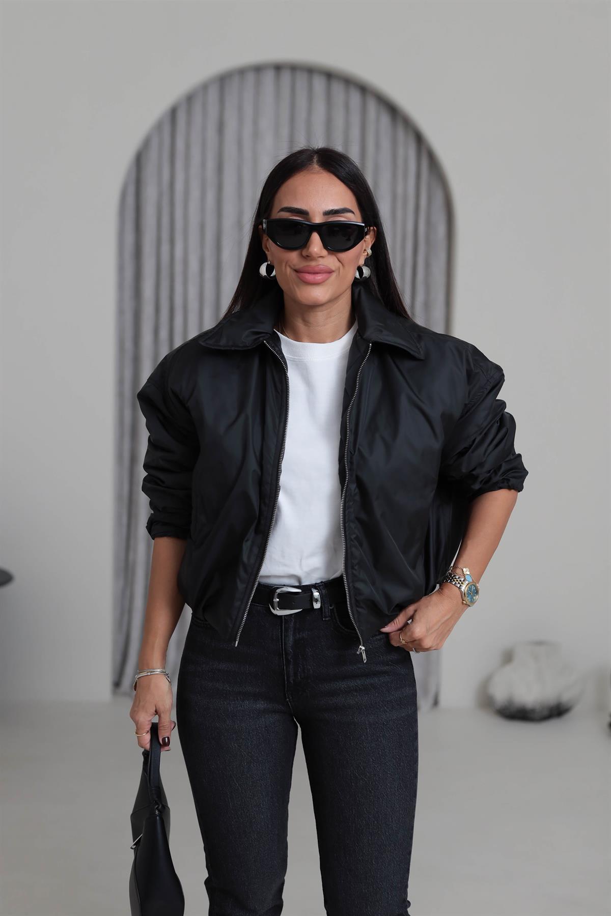 5871 Önden Fermuarlı İçi Kapitone İnce Mont SİYAH