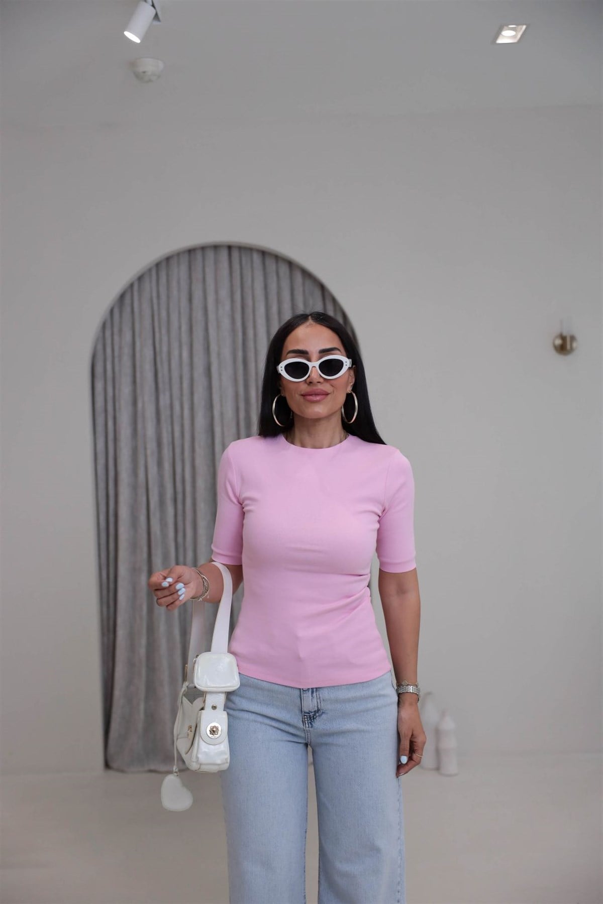 7190 Bisiklet Yaka Yan Detaylı Tshirt PEMBE