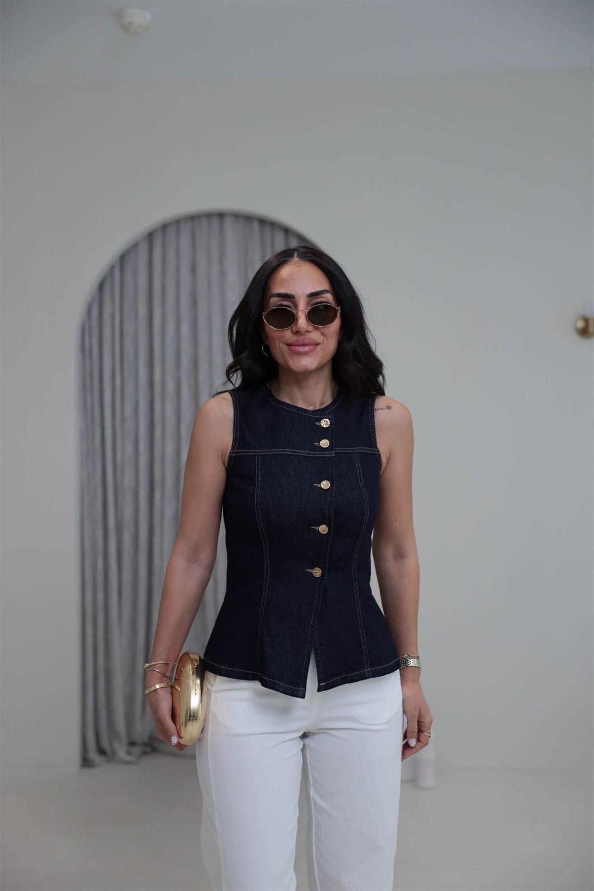 0758 Gold Düğmeli Kot Yelek LACİVERT