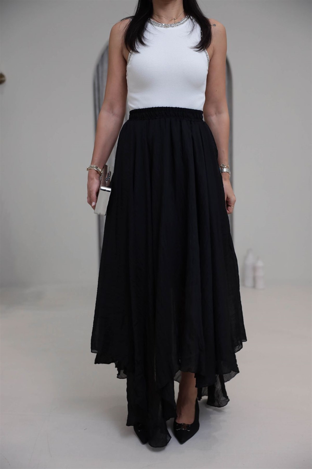 1022 Kraşlı Bel Lastikli Asimetrik Etek SİYAH