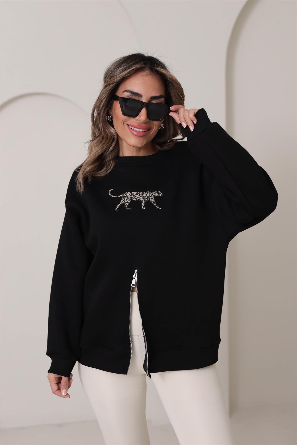 5617 Leopar Nakış Yarım Fermuarlı Şardonlu Sweatshirt SİYAH