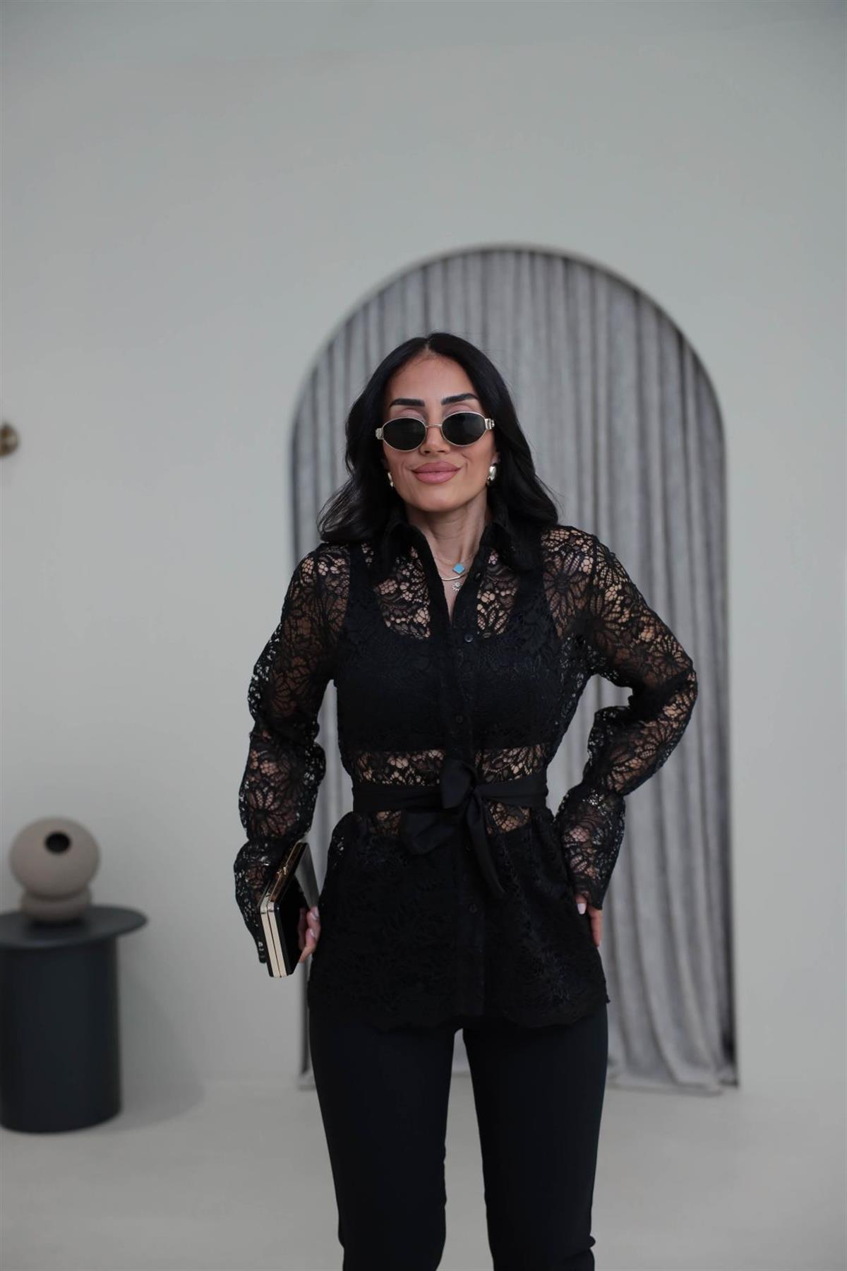 3152 Kuşaklı Dantel Gömlek SİYAH