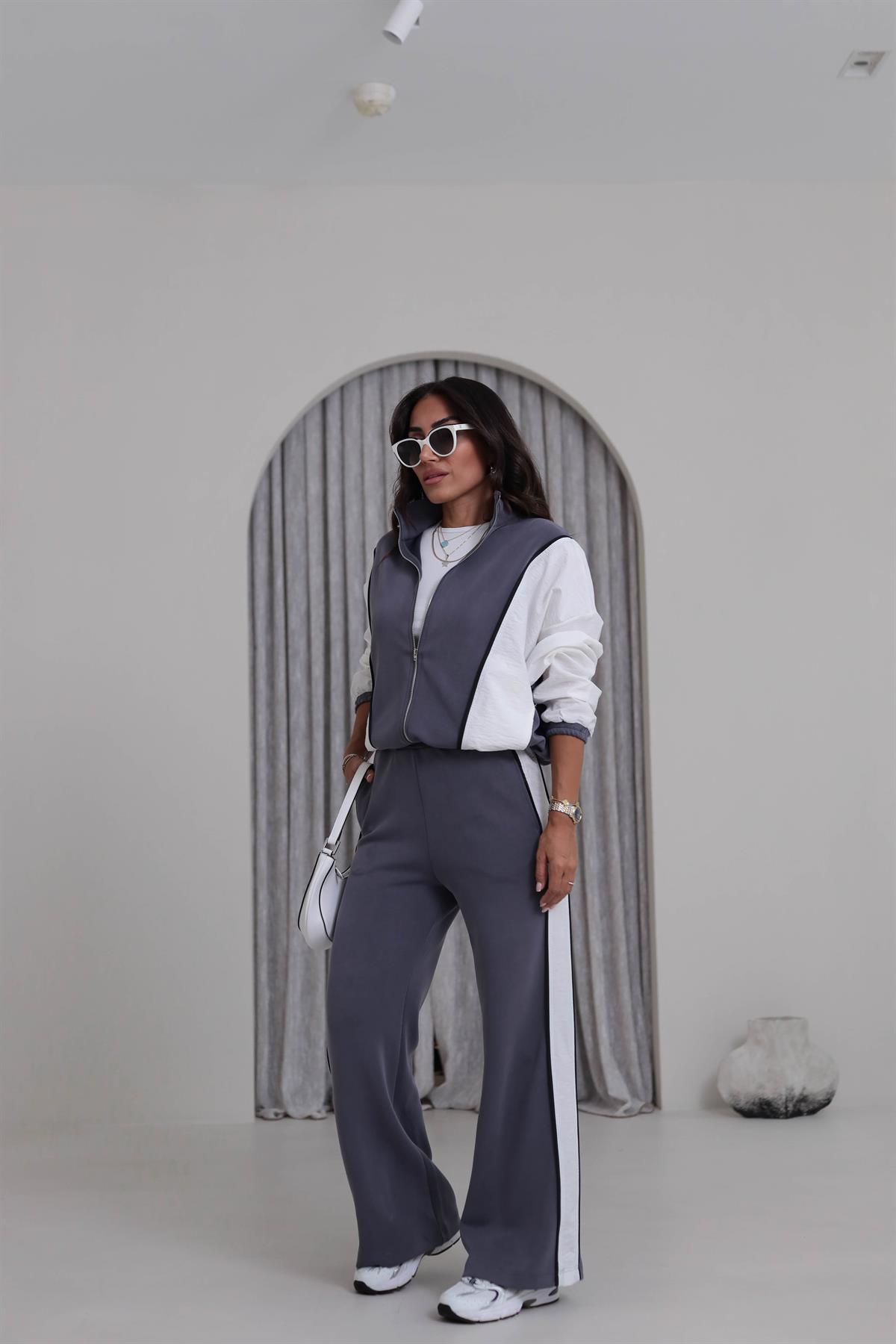 5713 Renk Bloklu Garnili Modal Takım GRİ-BEYAZ