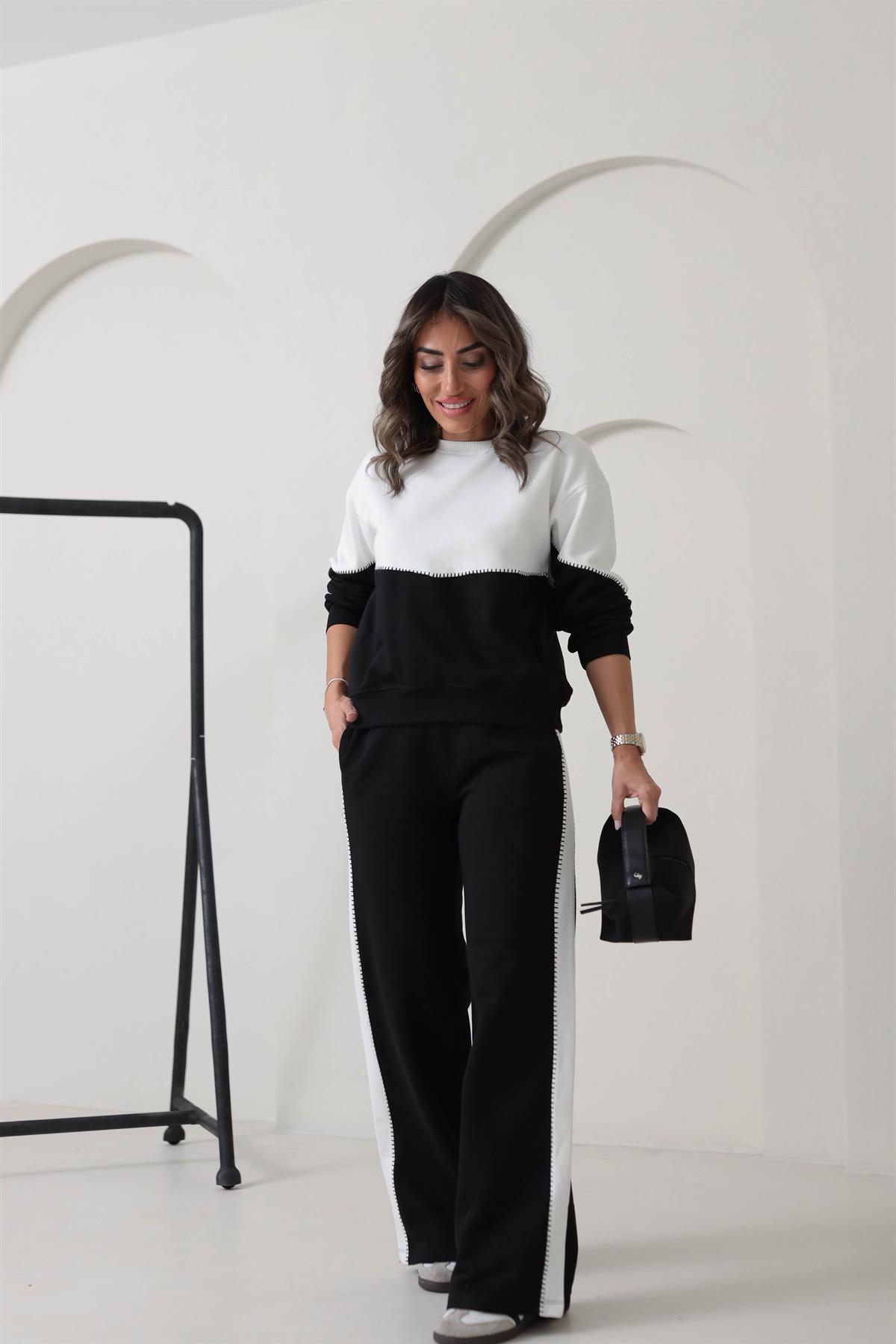 6798 Kroşeteli Üç İplik Eşofman Takımı SİYAHBEYAZ