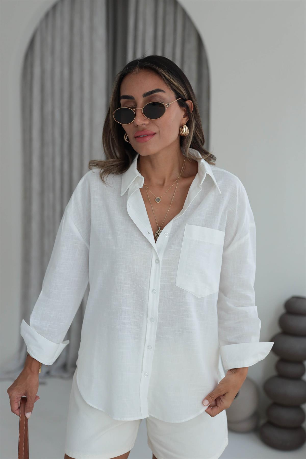 4719 Cep Detaylı Keten Gömlek