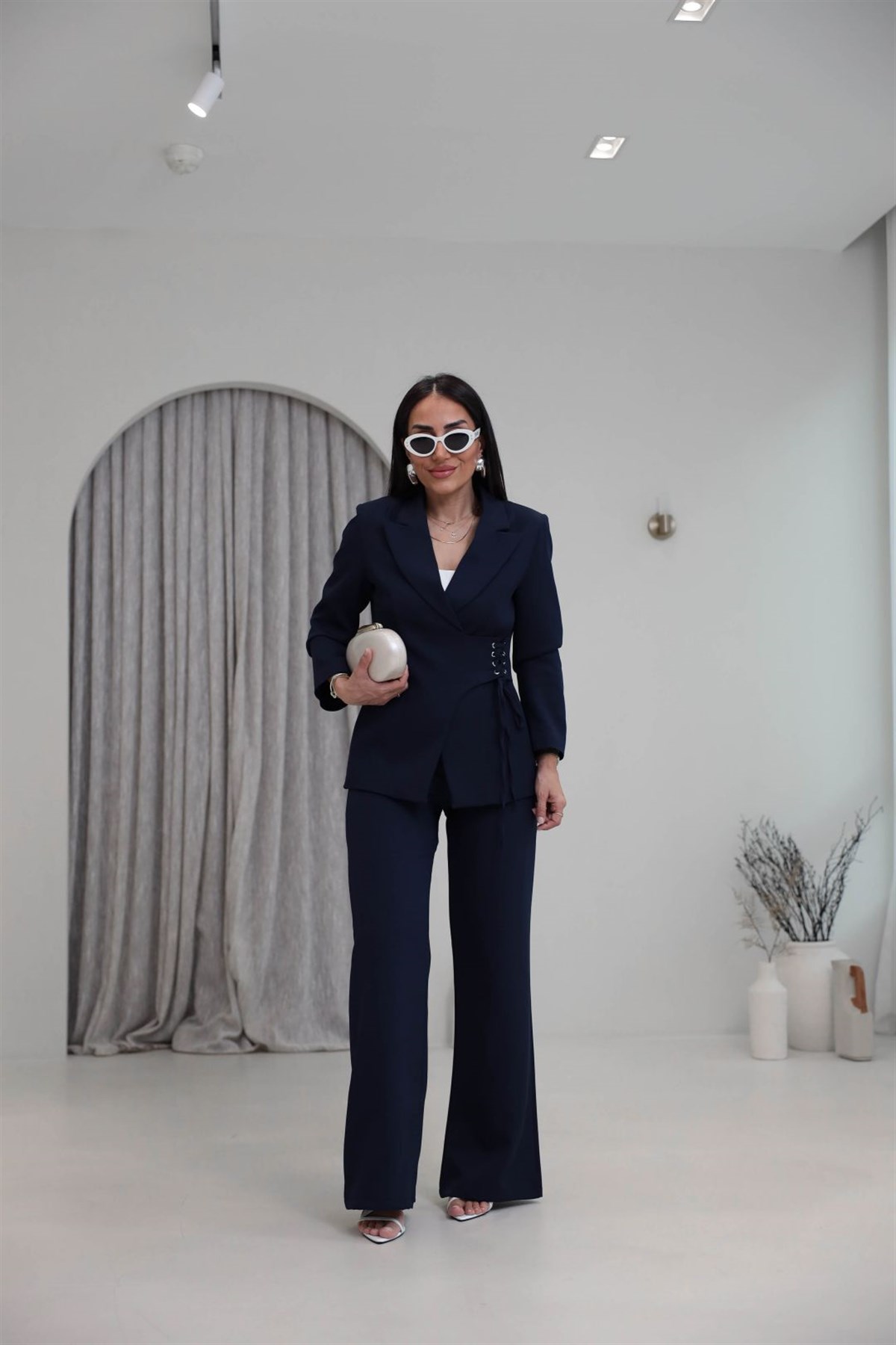 9295 Yandan Kuşgözü Bağlama Detaylı Ceket Pantolon Takım LACİVERT