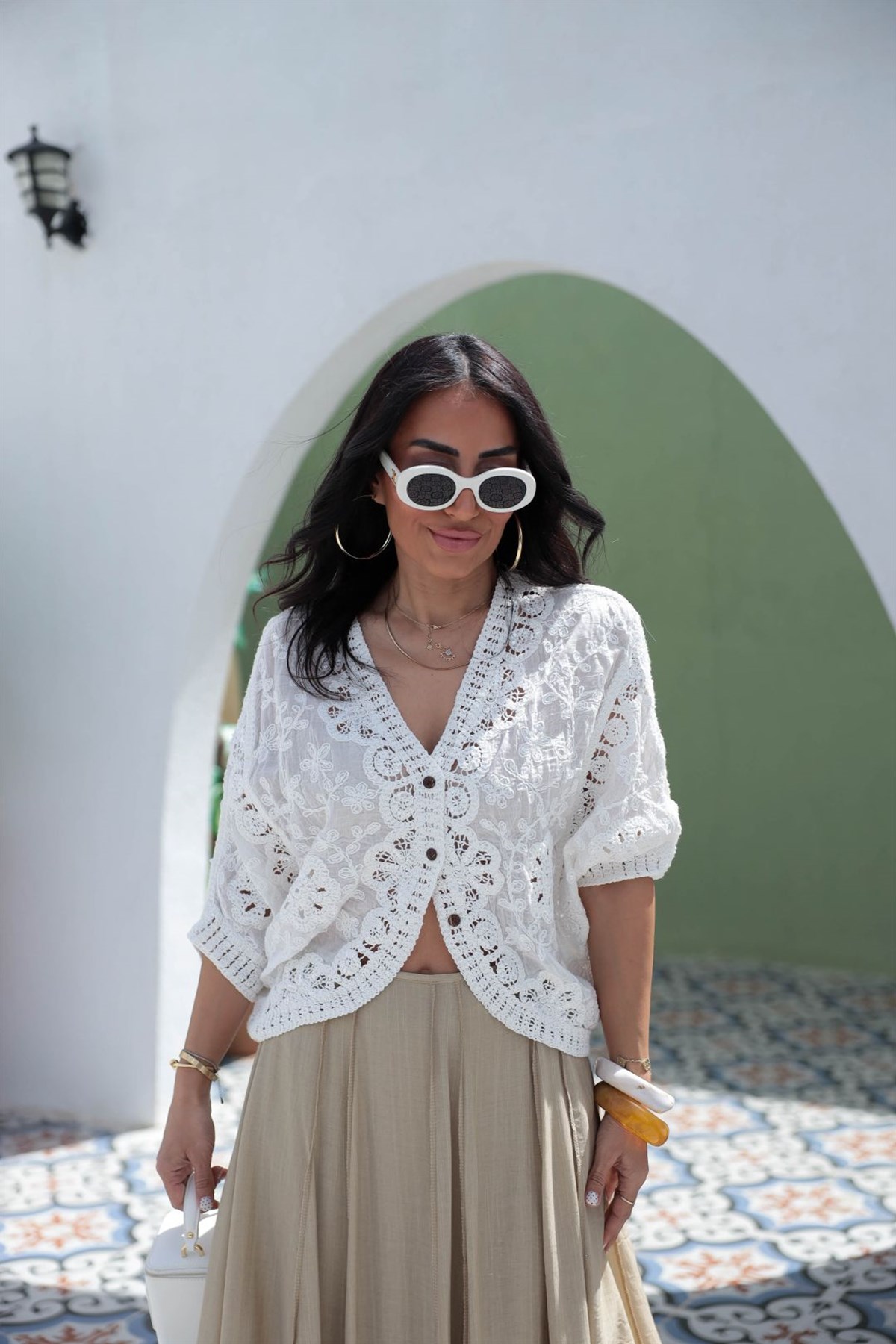 9750 İthal Güpürlü ve İşlemeli Hırka Bluz BEYAZ