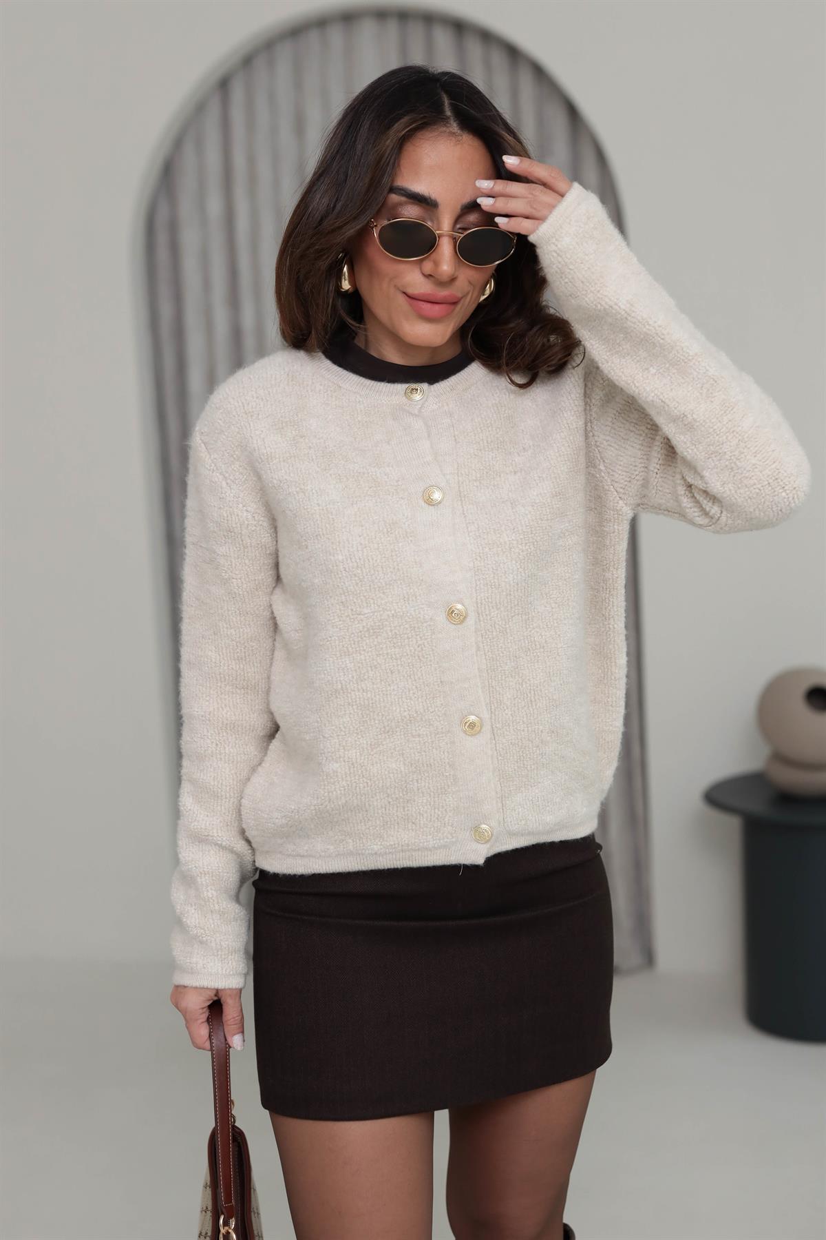 371 Gold Düğmeli Teddy Hırka TAŞ