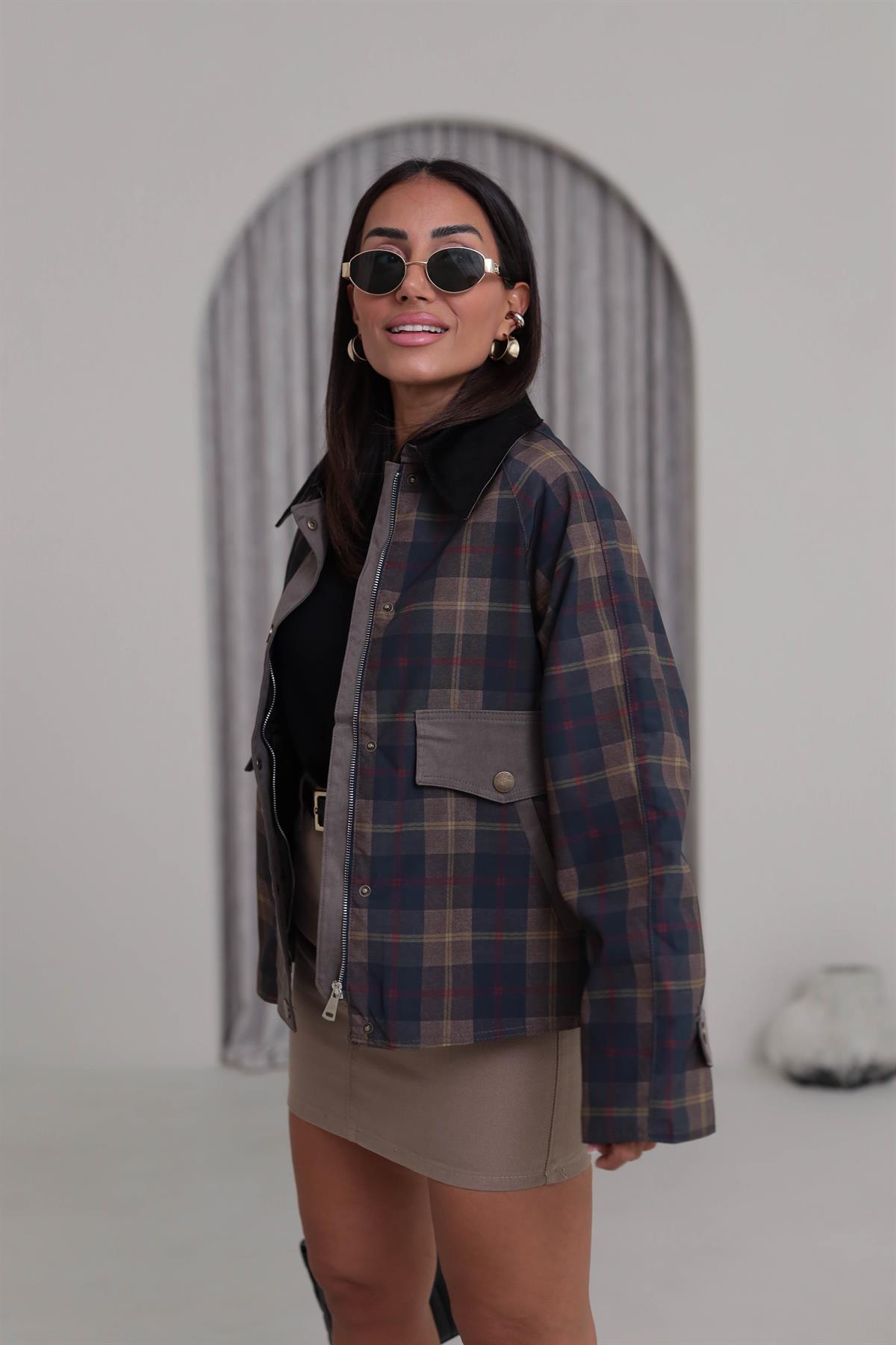 0209 Haki Ekose Kadife Yaka Ceket HAKİ YEŞİL