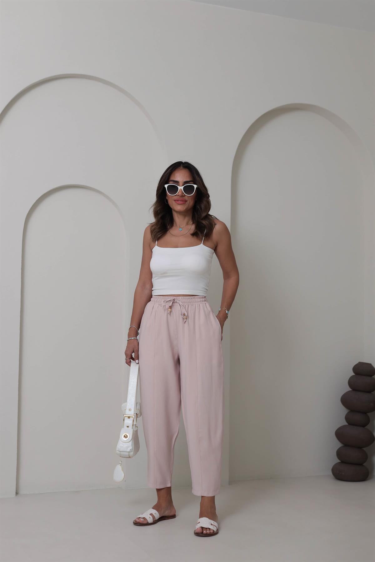 6703 Bel Lastikli Tencel Dokulu Boncuklu Pantolon PUDRA