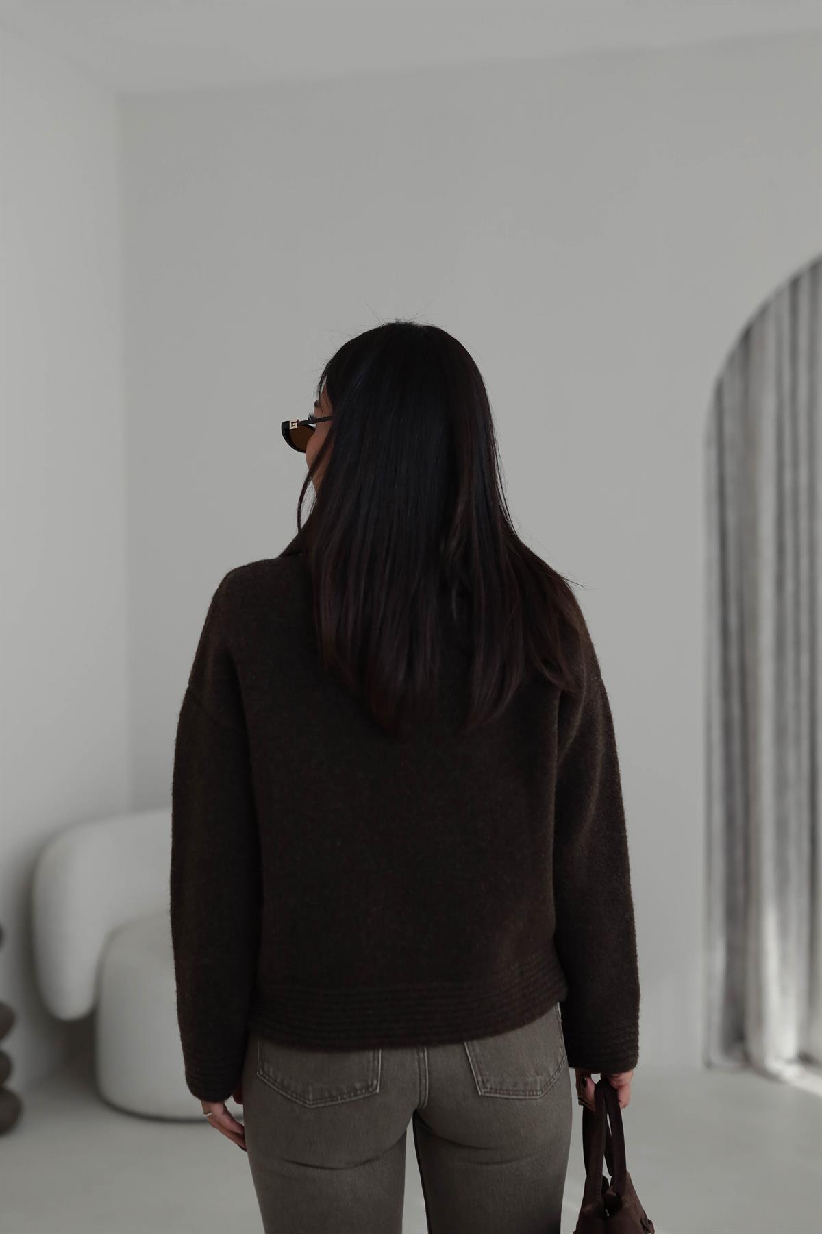 5086 Büyük Düğmeli Polo Yaka Hırka Ceket ACI KAHVE