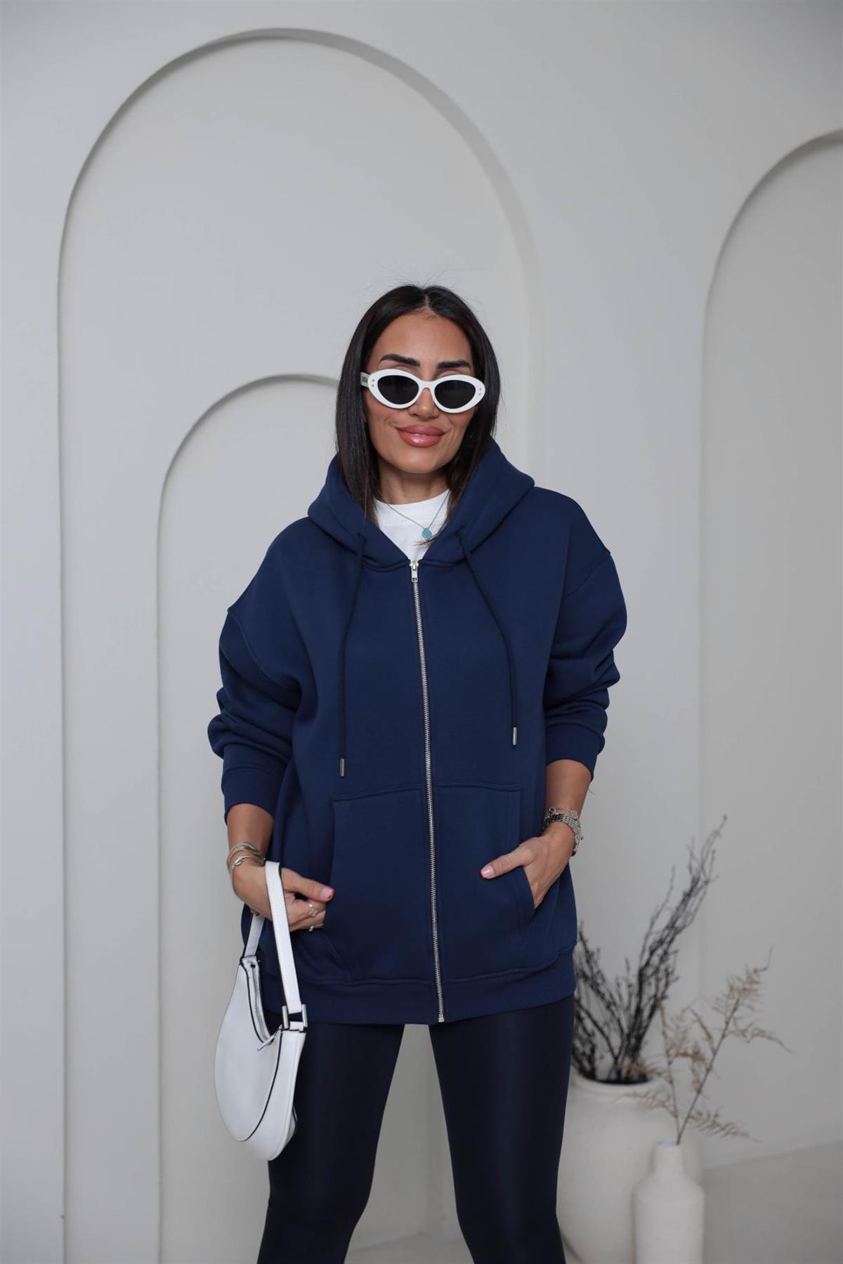 1003 3 İplik Şardonlu Kapşonlu Fermuarlı Ceket LACİVERT