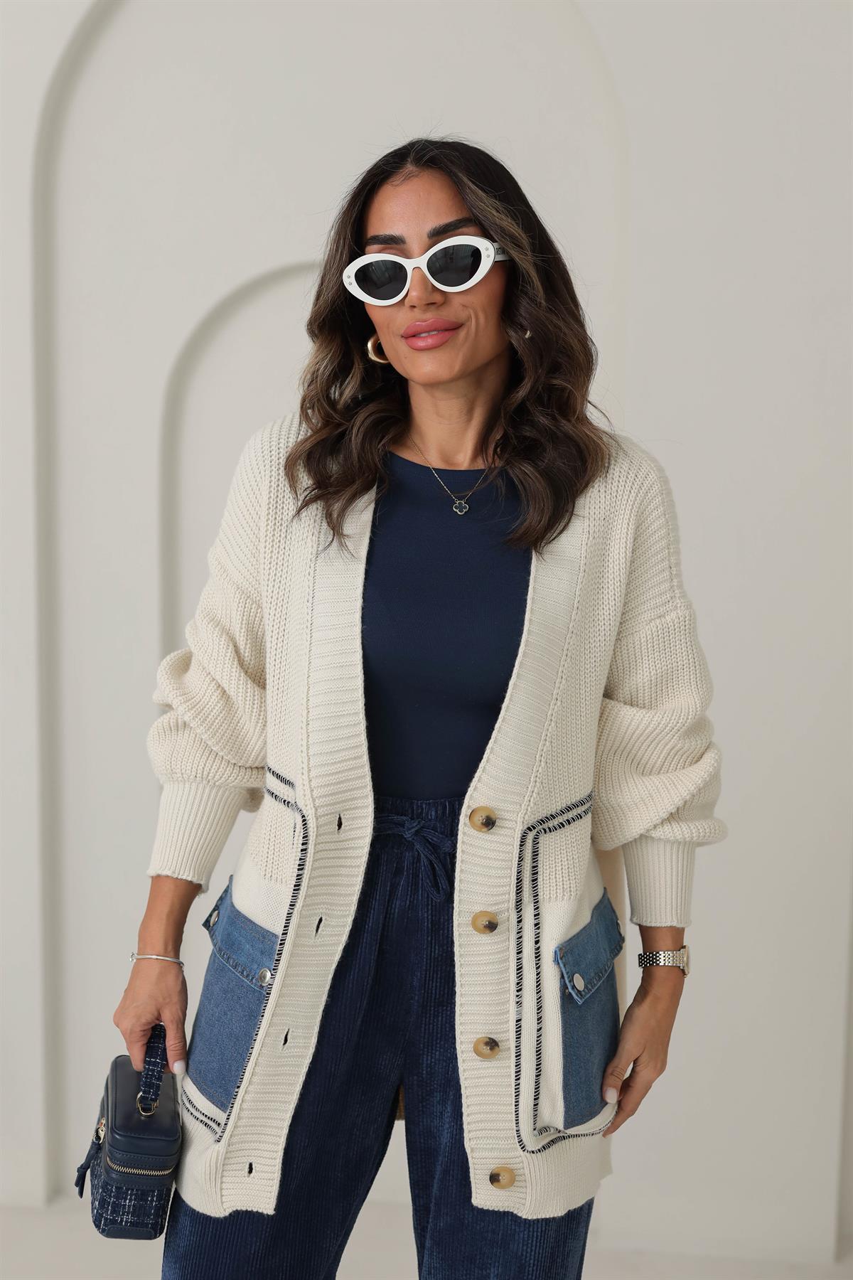 0012 Tasarım Biyeli Kot Cepli Hırka