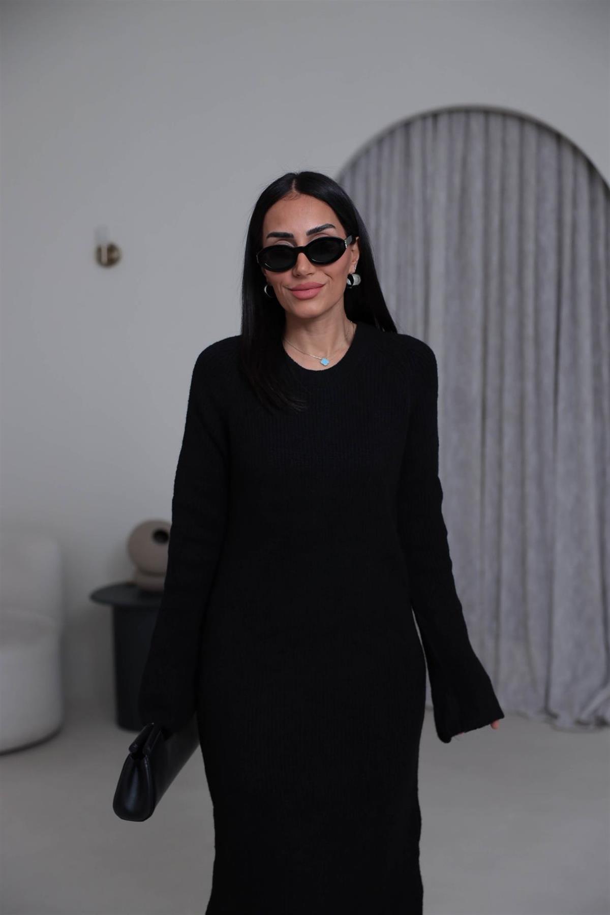 5137 Selanik Örgü Uzun Triko Elbise SİYAH