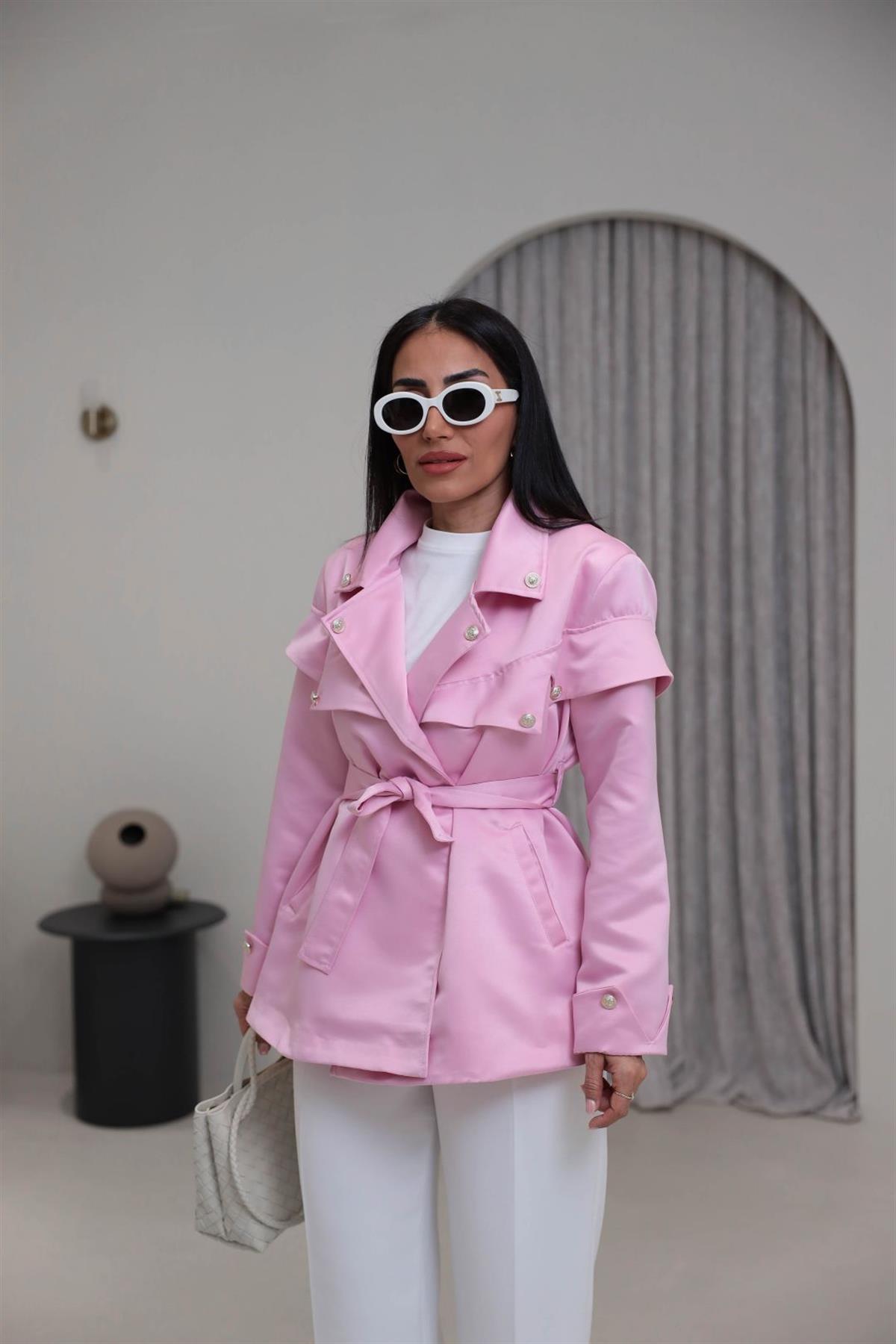 302 Gold Düğmeli Kuşaklı Saten Ceket PEMBE