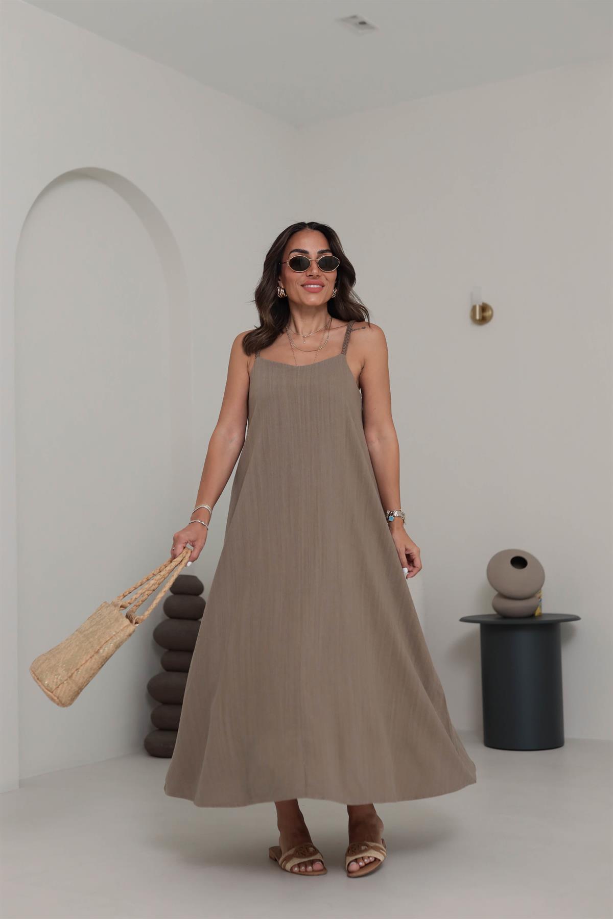 DXB Hasır Örgü Askılı Keten Elbise KAHVE