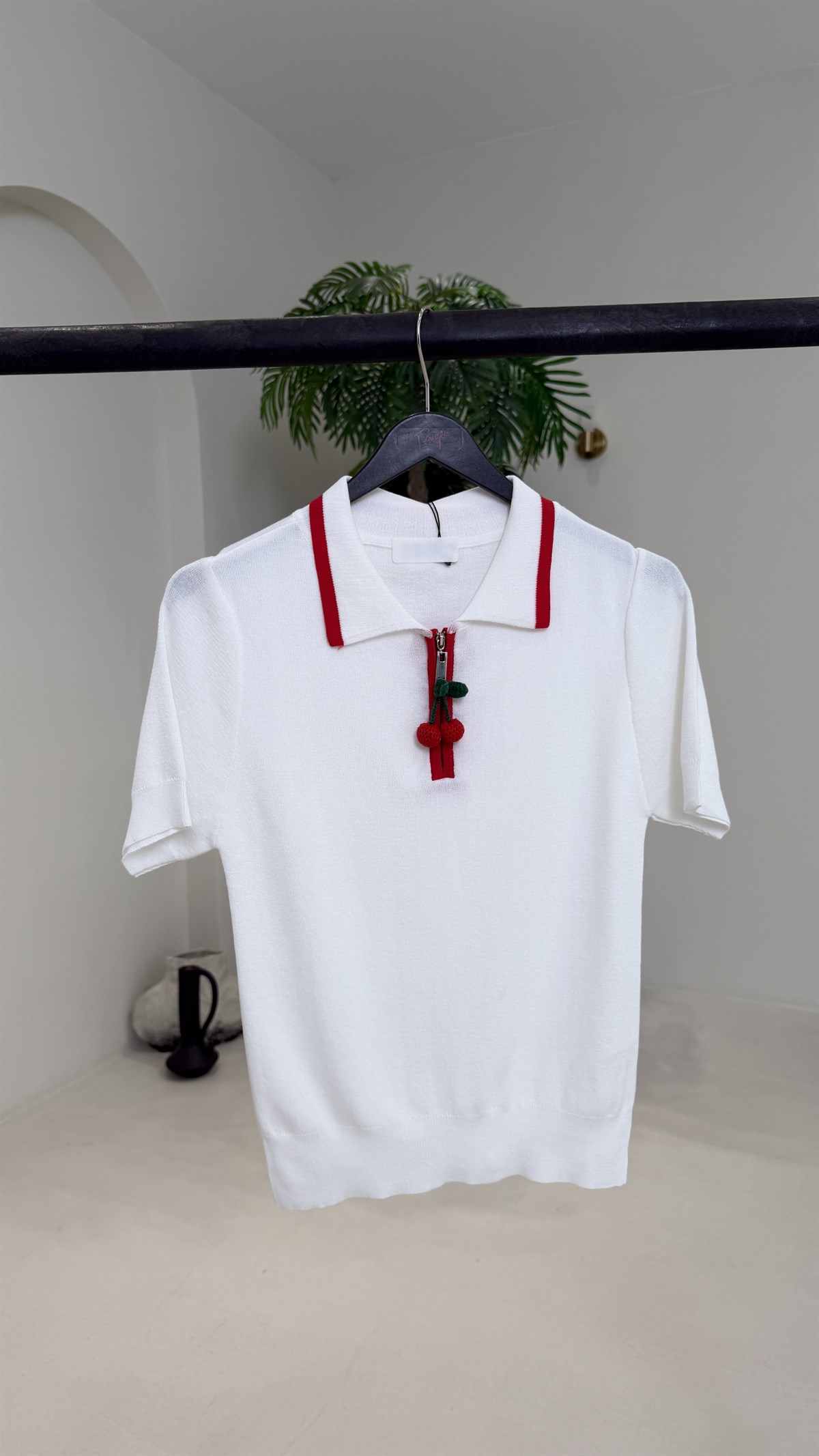 0620 Fermuarı Kiraz Aksesuarlı Rayon Triko Bluz EKRU