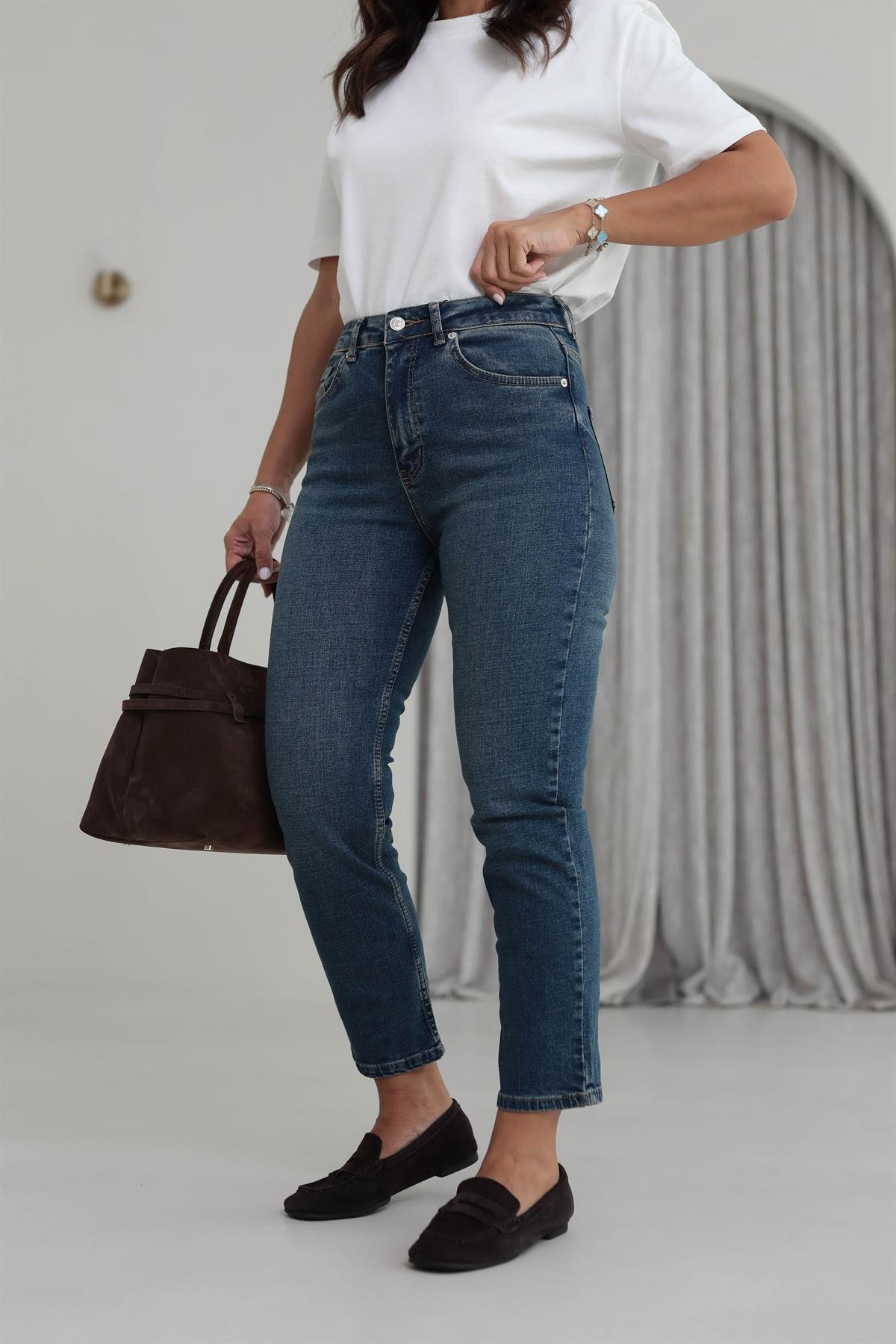 1419 ZA Likralı Mom Jean TİNTLİ MAVİ